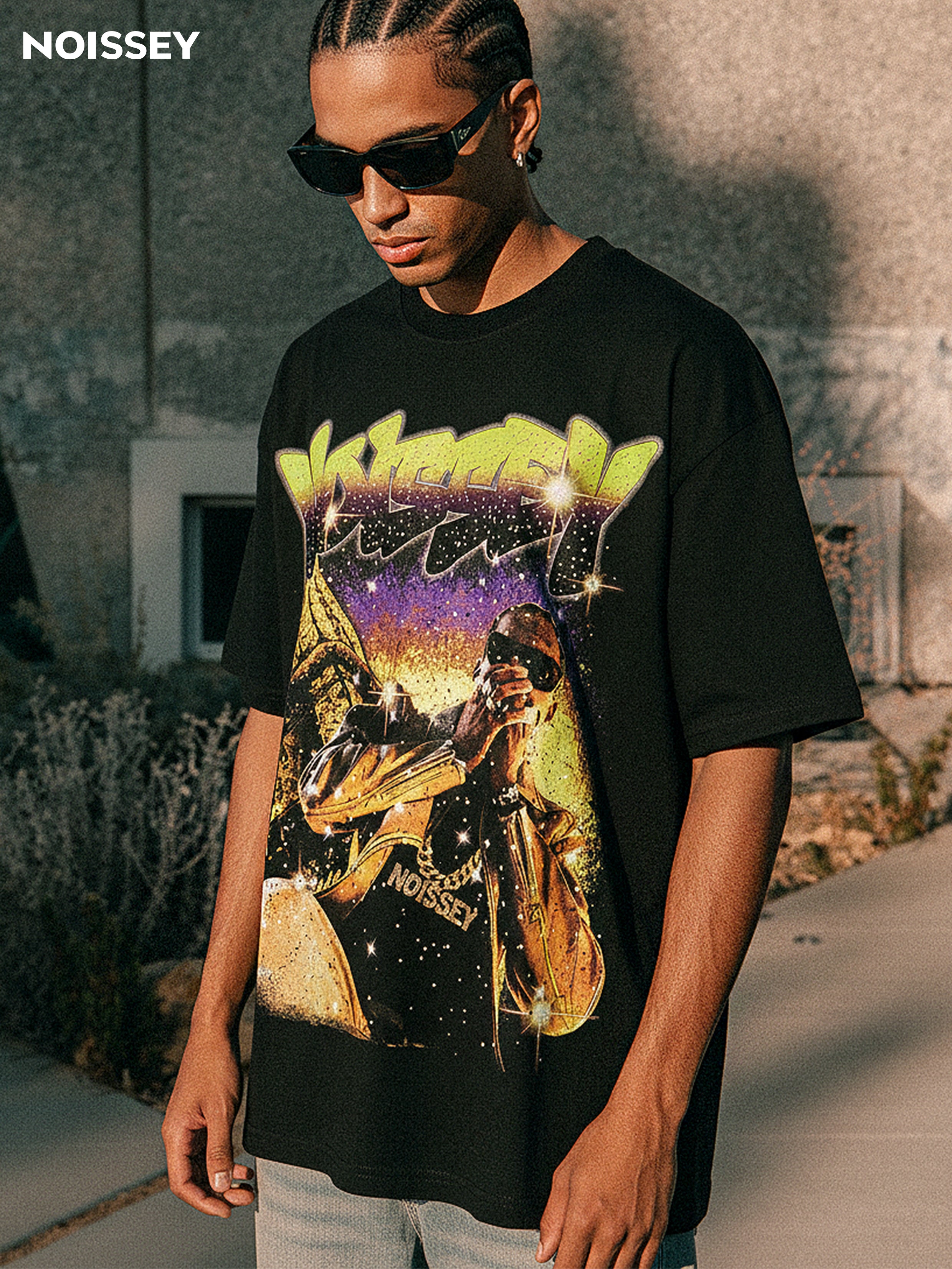 NOISSEY Golden Eiffel Rap Portrait Rhinestone Graphic T-Shirt - Onyx Black