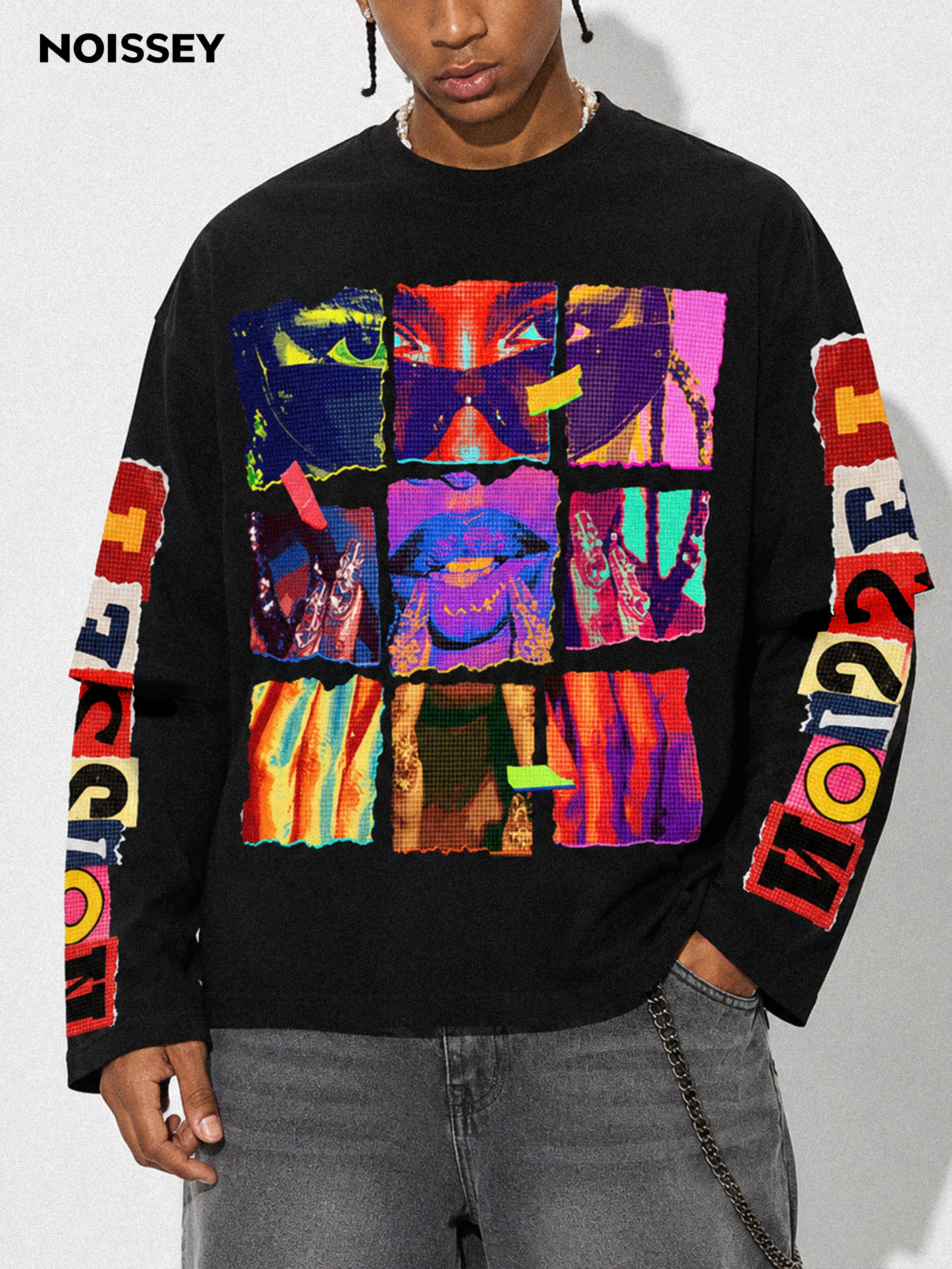 T-shirt NOISSEY a maniche lunghe con ritratto pop art in griglia 3x3 e strati effetto sovrapposto - Nero