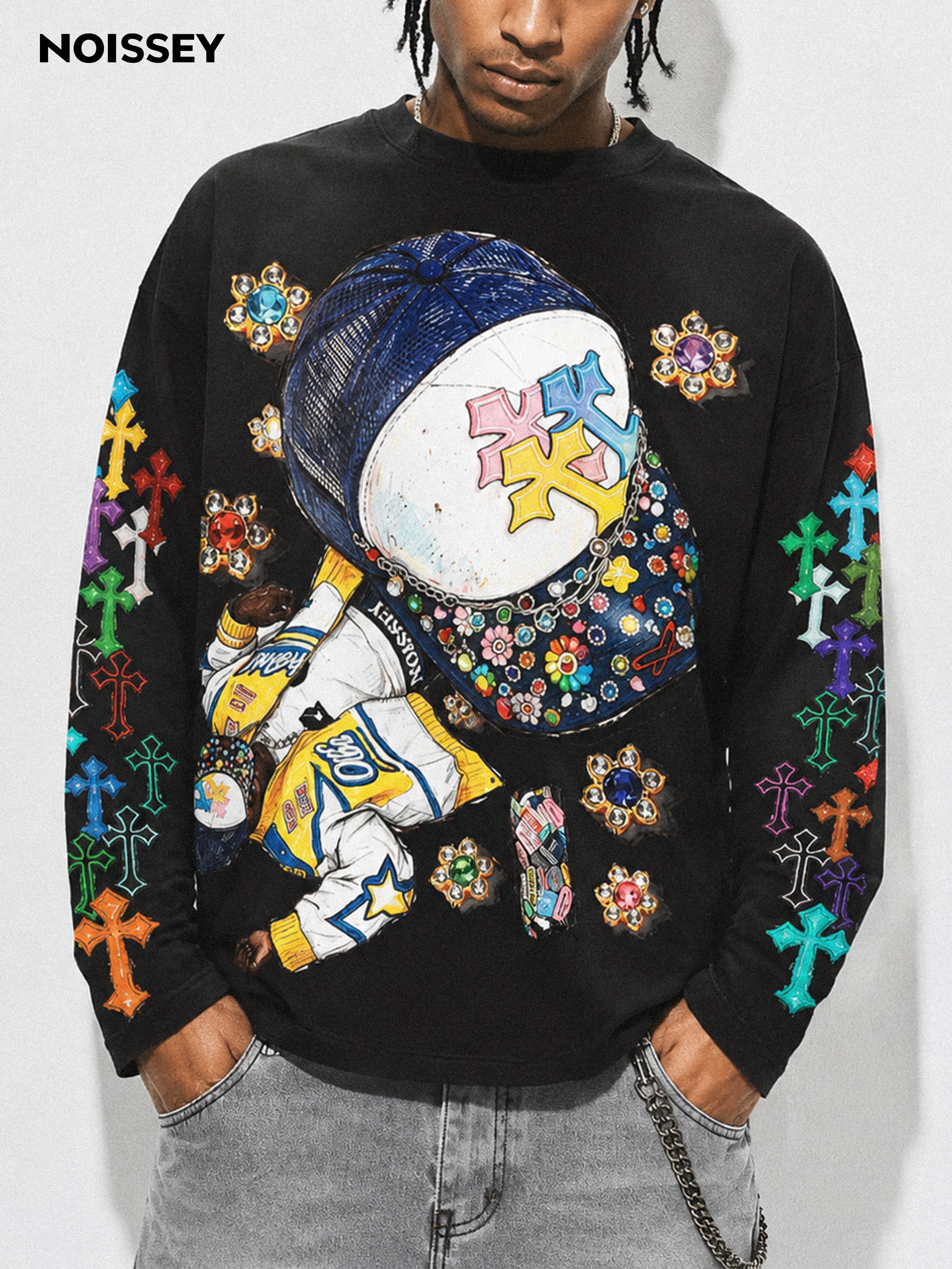 NOISSEY Felpa con maniche lunghe, grafica hip-hop di cappellino trucker e croce con gemme - Due colori