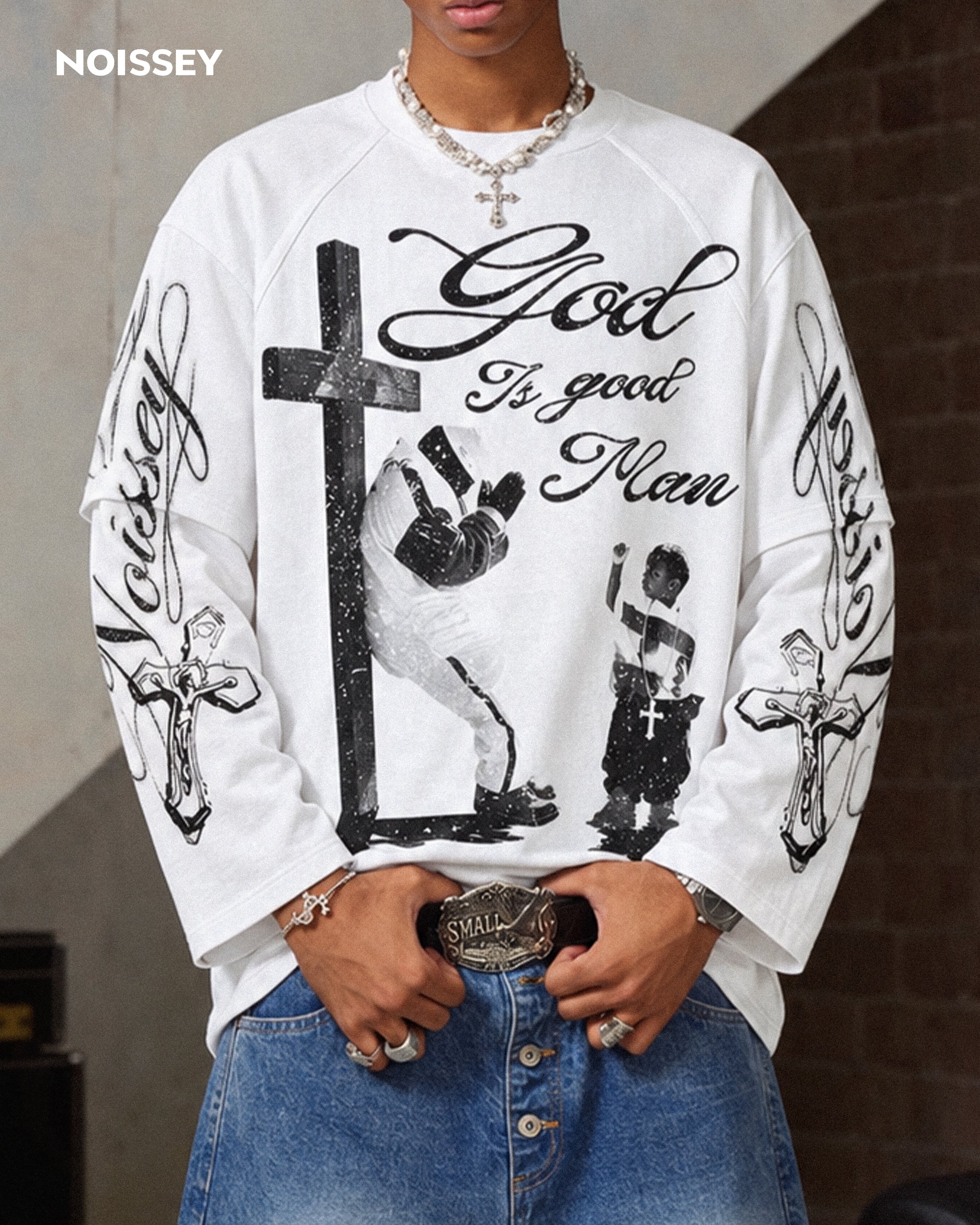 NOISSEY "God Is Good Man" Faith Theme White Faux-Layer Long Sleeves