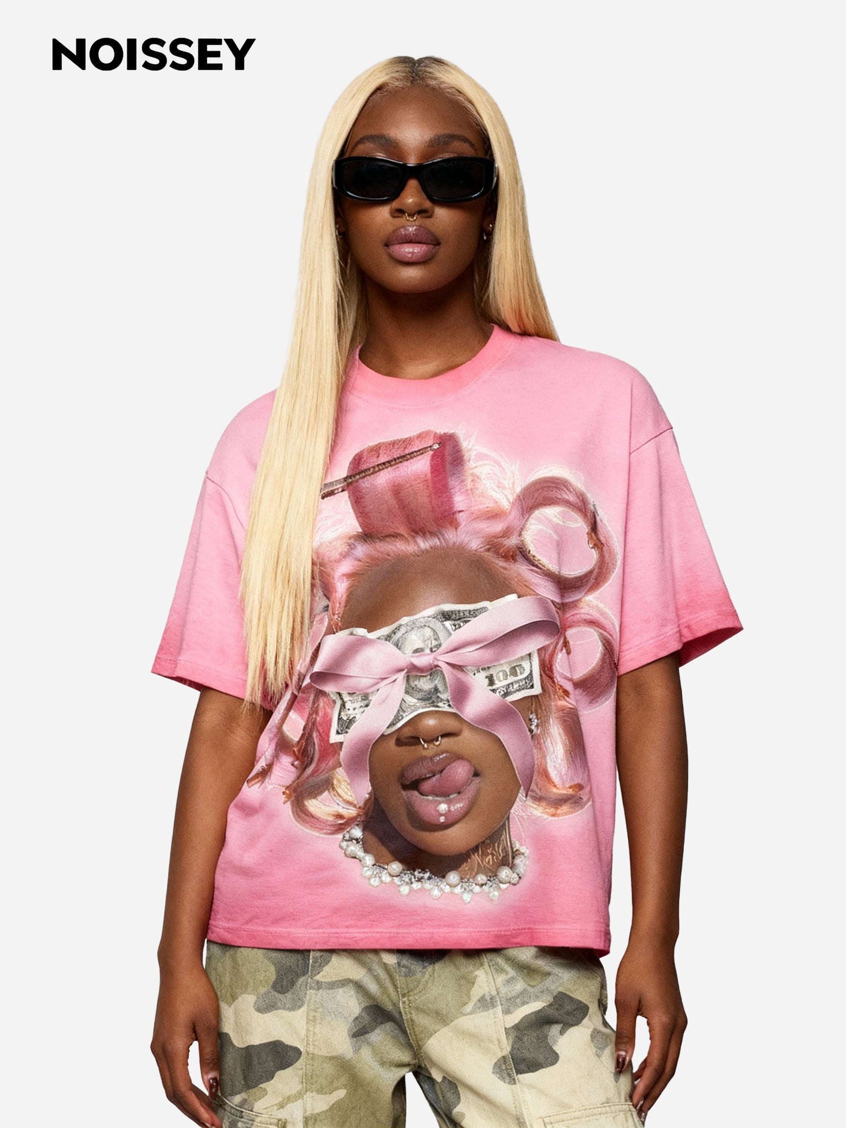 Girl and Her Curling Iron Pink Wash Print T-shirt