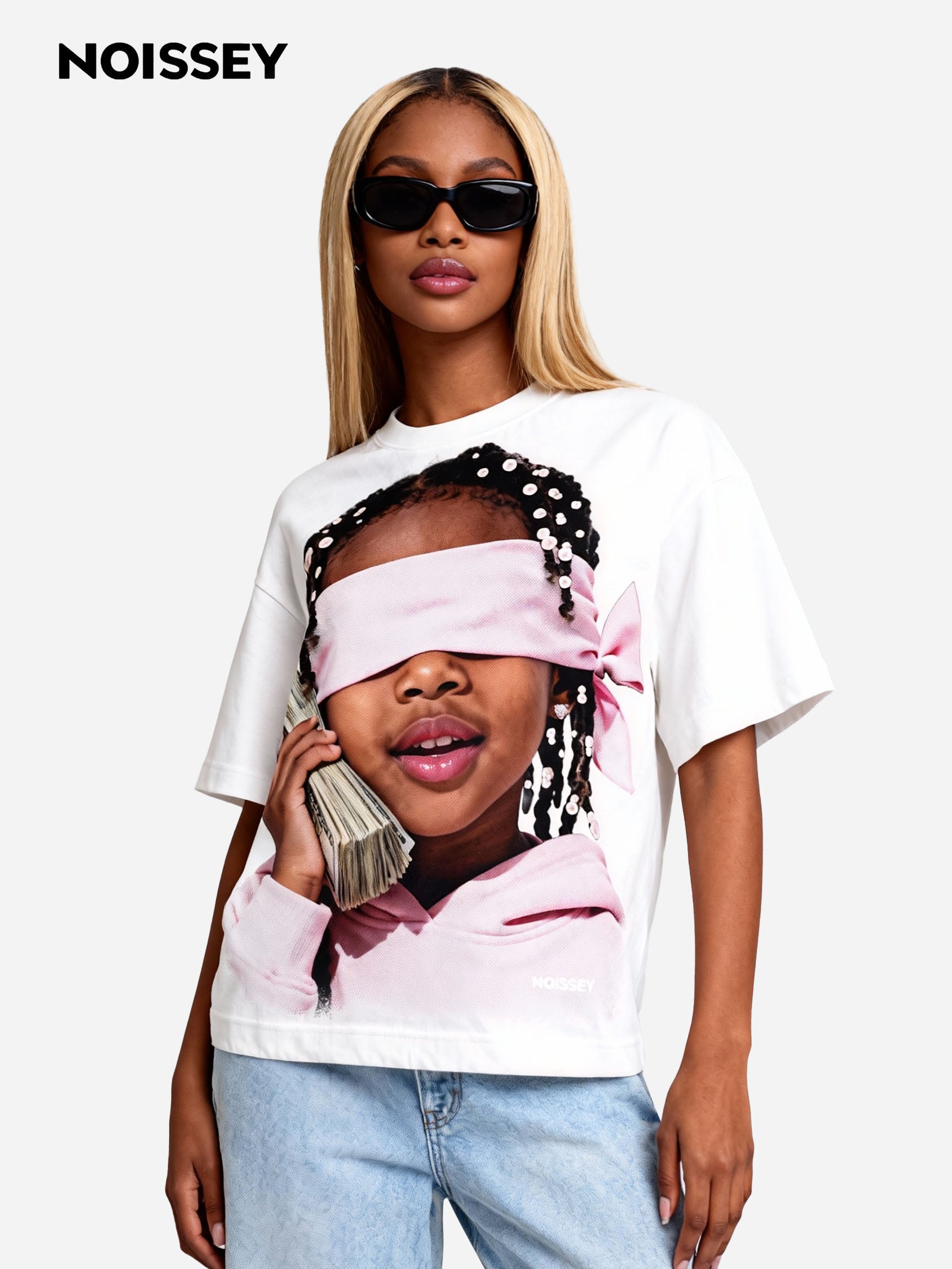 Little Girl with Pink Headscarf and Her Money Print T-shirt