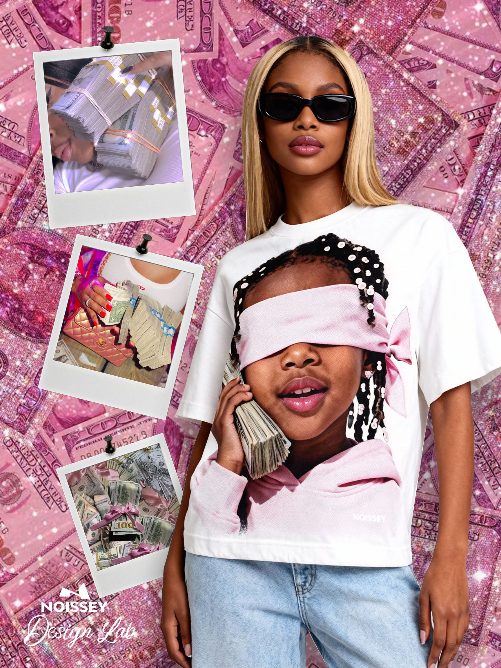 Little Girl with Pink Headscarf and Her Money Print T-shirt