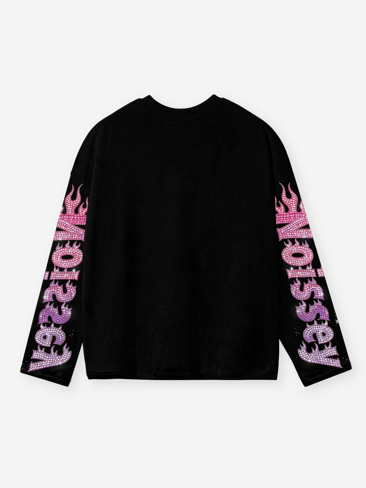 NOISSEY "Flame Kid" Pink-Purple Full-Rhinestone Long Sleeve - Heavyweight Black