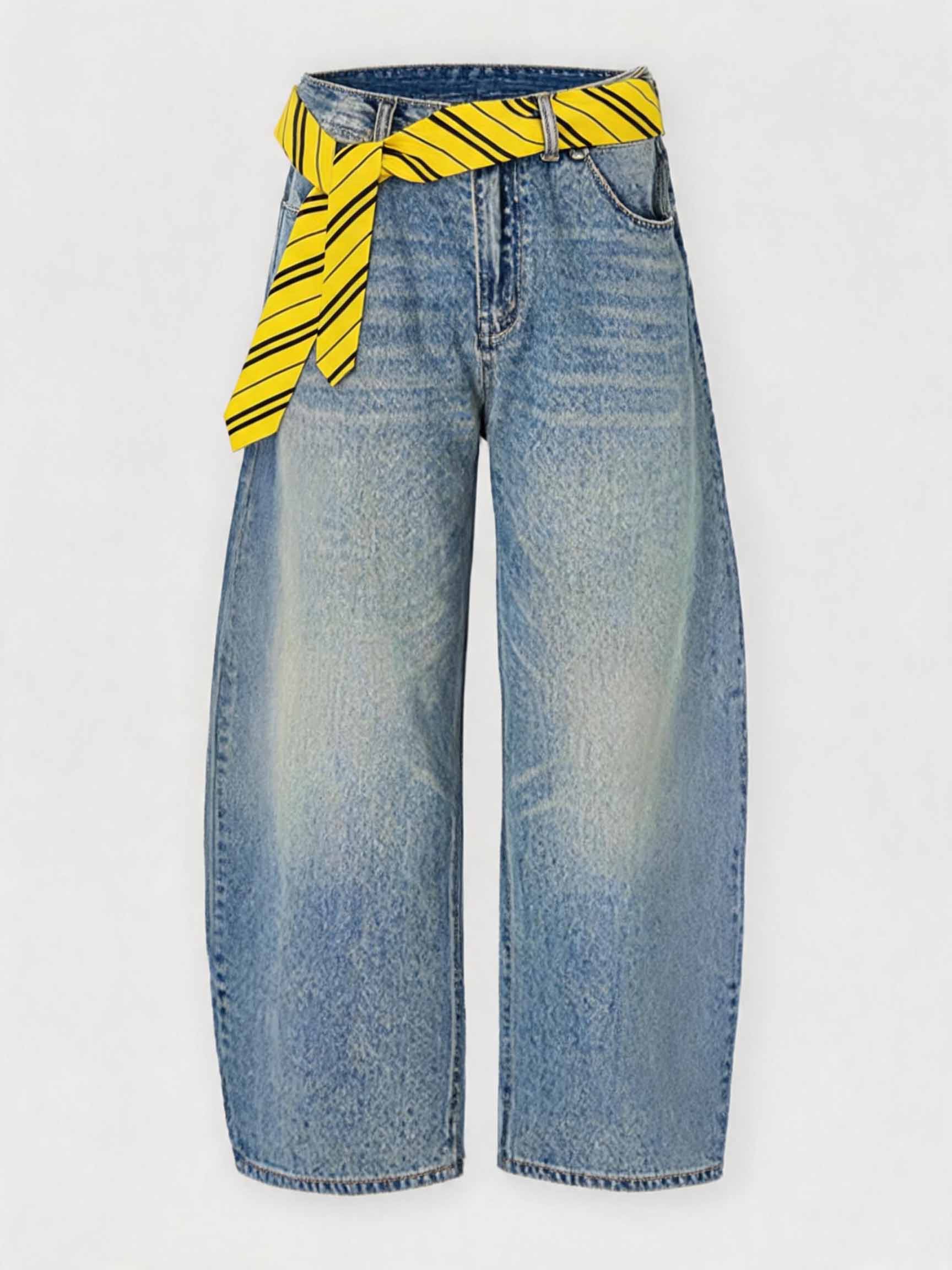 NOISSEY Vintage Washed Whiskered Curved-Leg Denim Jeans with Striped Tie Belt - Vintage Blue