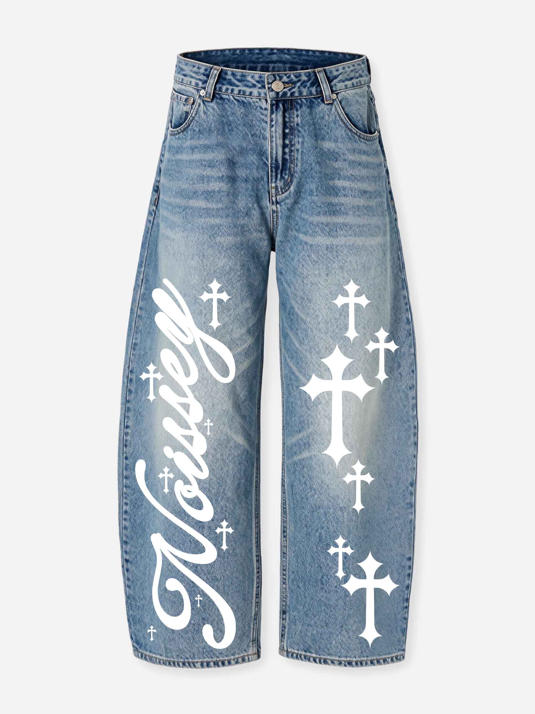 NOISSEY Vintage Washed Blue Cross Cursive Scythe Wide-Leg Jeans