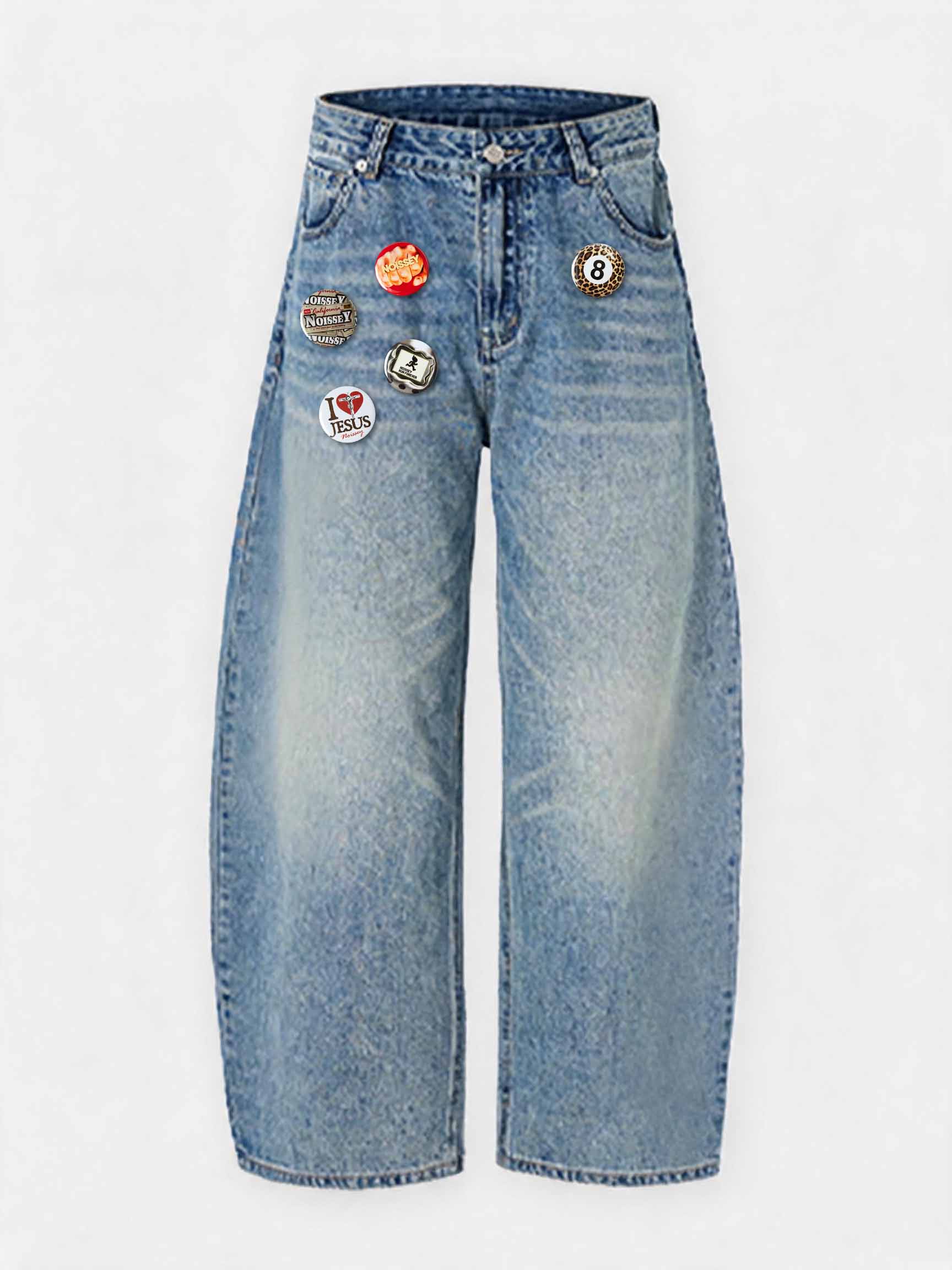 NOISSEY Vintage Washed Whiskered Curved-Leg Denim Jeans with DIY Badges - Vintage Blue