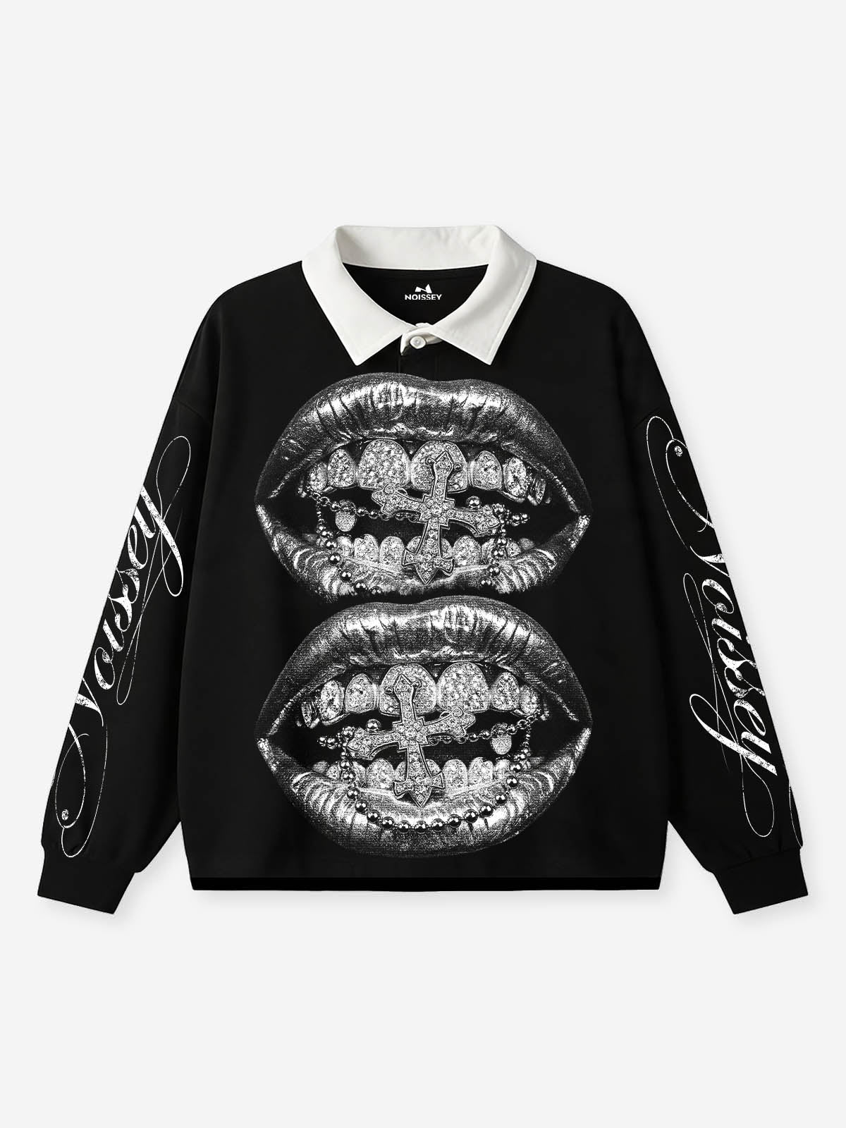 NOISSEY Silver Metallic Lips &amp; Chrome Cross Graphic Heavyweight Contrast Collar Polo Long Sleeves