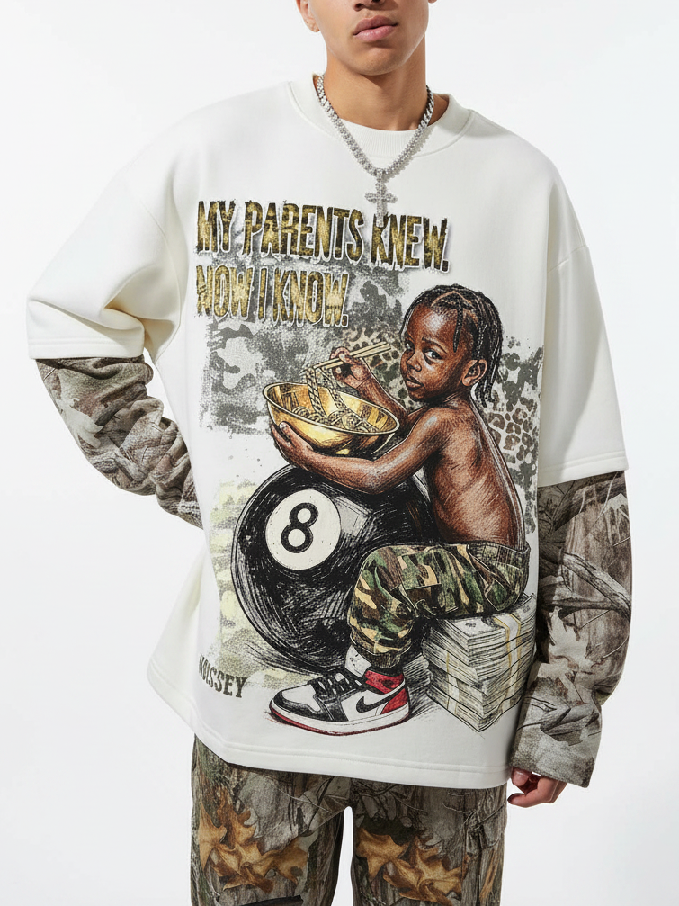 NOISSEY "Legacy Knowledge" Woodland Camo Layered Child Portrait Heavyweight Sweatshirt