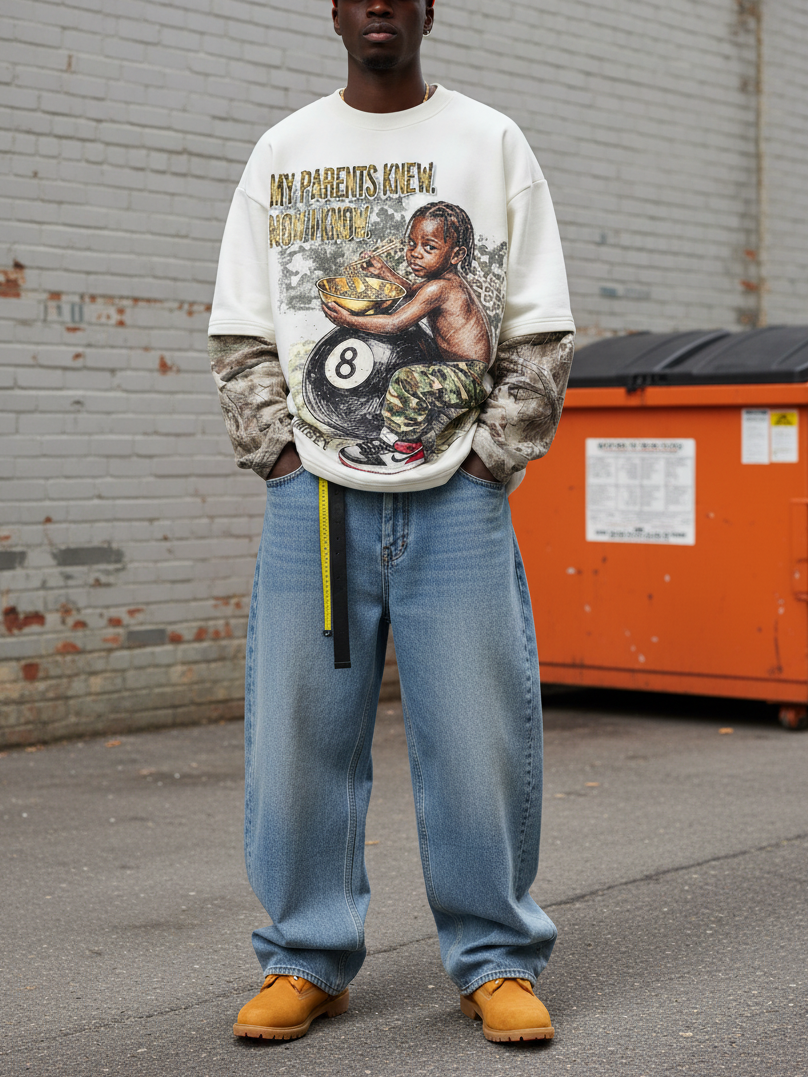 NOISSEY "Legacy Knowledge" Woodland Camo Layered Child Portrait Heavyweight Sweatshirt