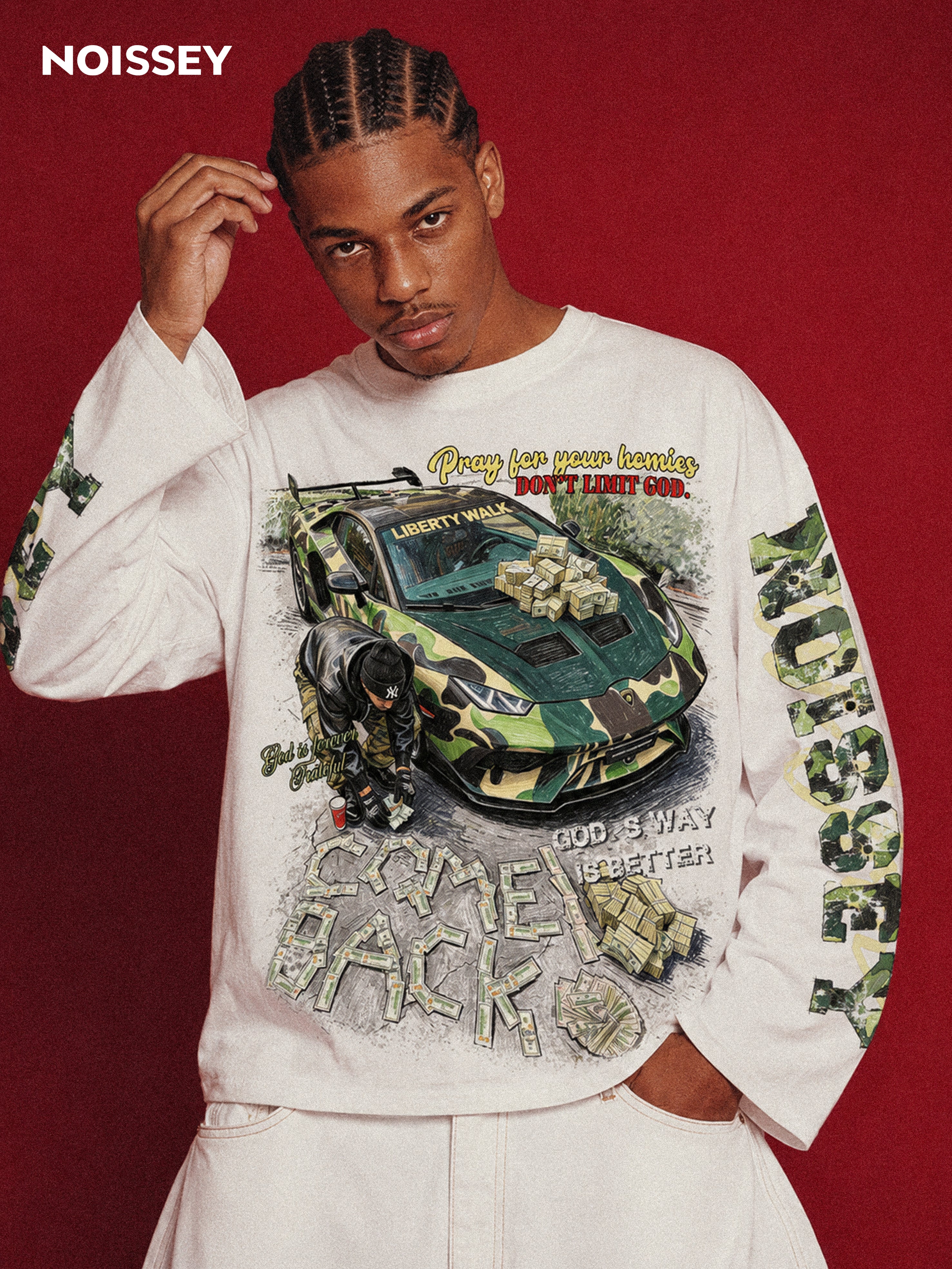 NOISSEY Camiseta «Camo Supercar & Cash» tipo track - Blanca impecable, extragrande y de manga larga
