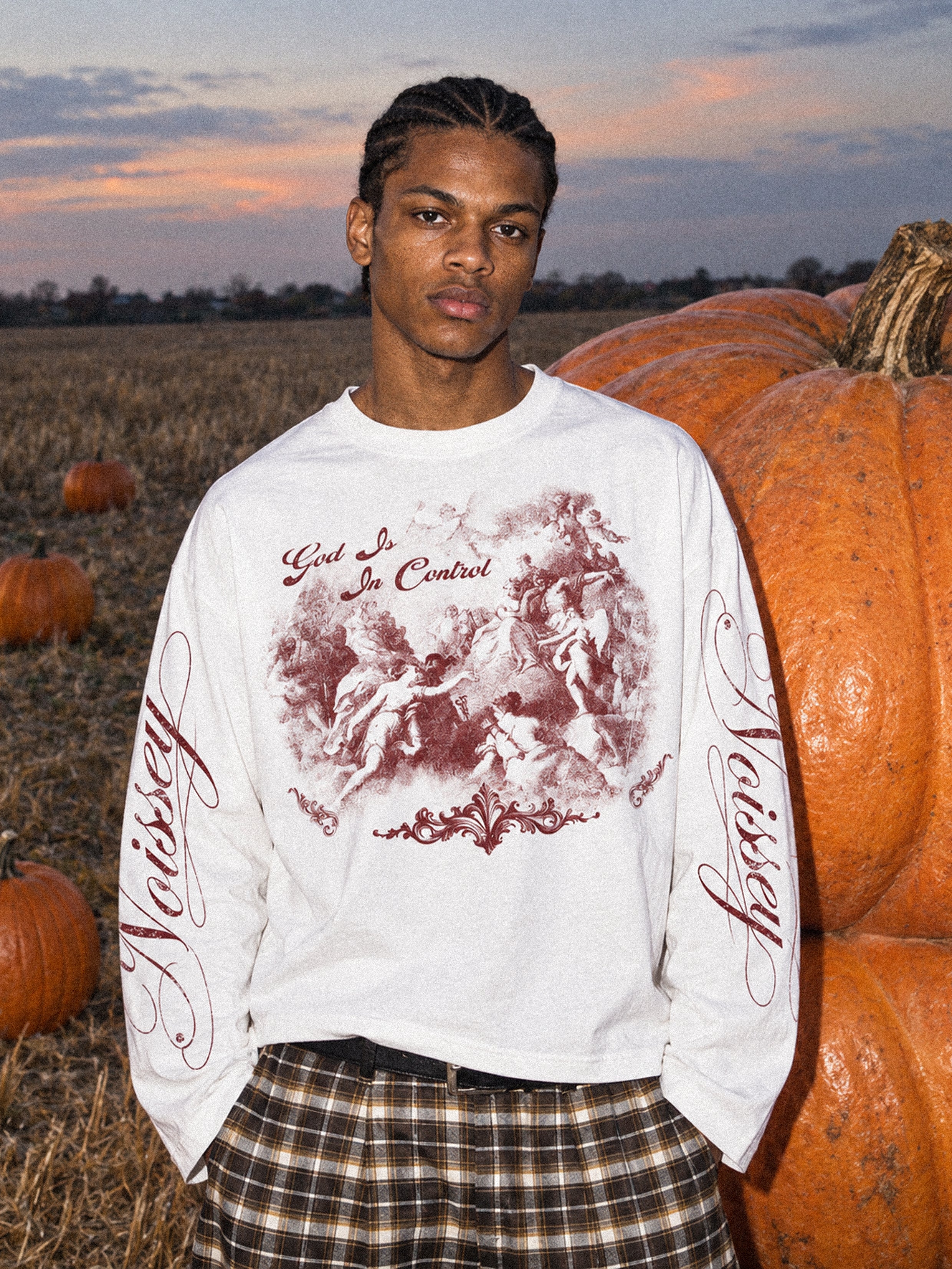 NOISSEY "God Is In Control" Vintage Crimson Angel Oil Painting Graphic Long Sleeve