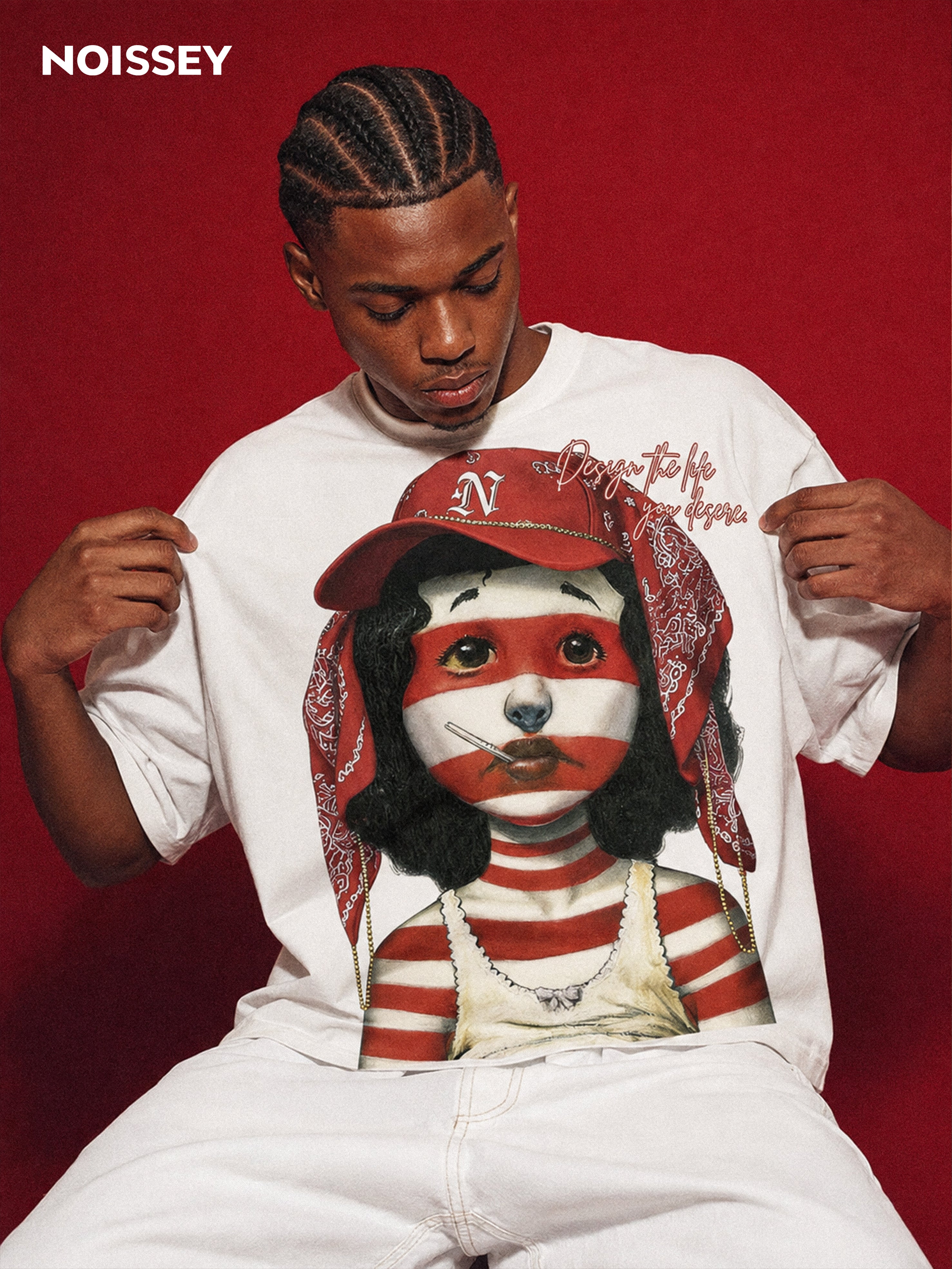 NOISSEY Red Bandana Striped Girl Oil Painting Graphic Boxy Tee - White Heavyweight Streetwear Shirt
