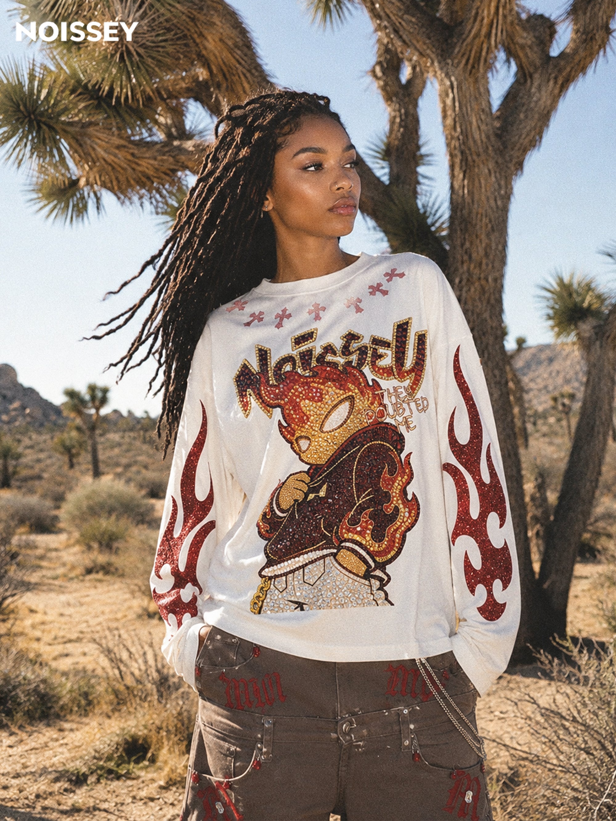 NOISSEY "They Doubted Me" Iced-Out Character Graphic Long Sleeve - Studio White