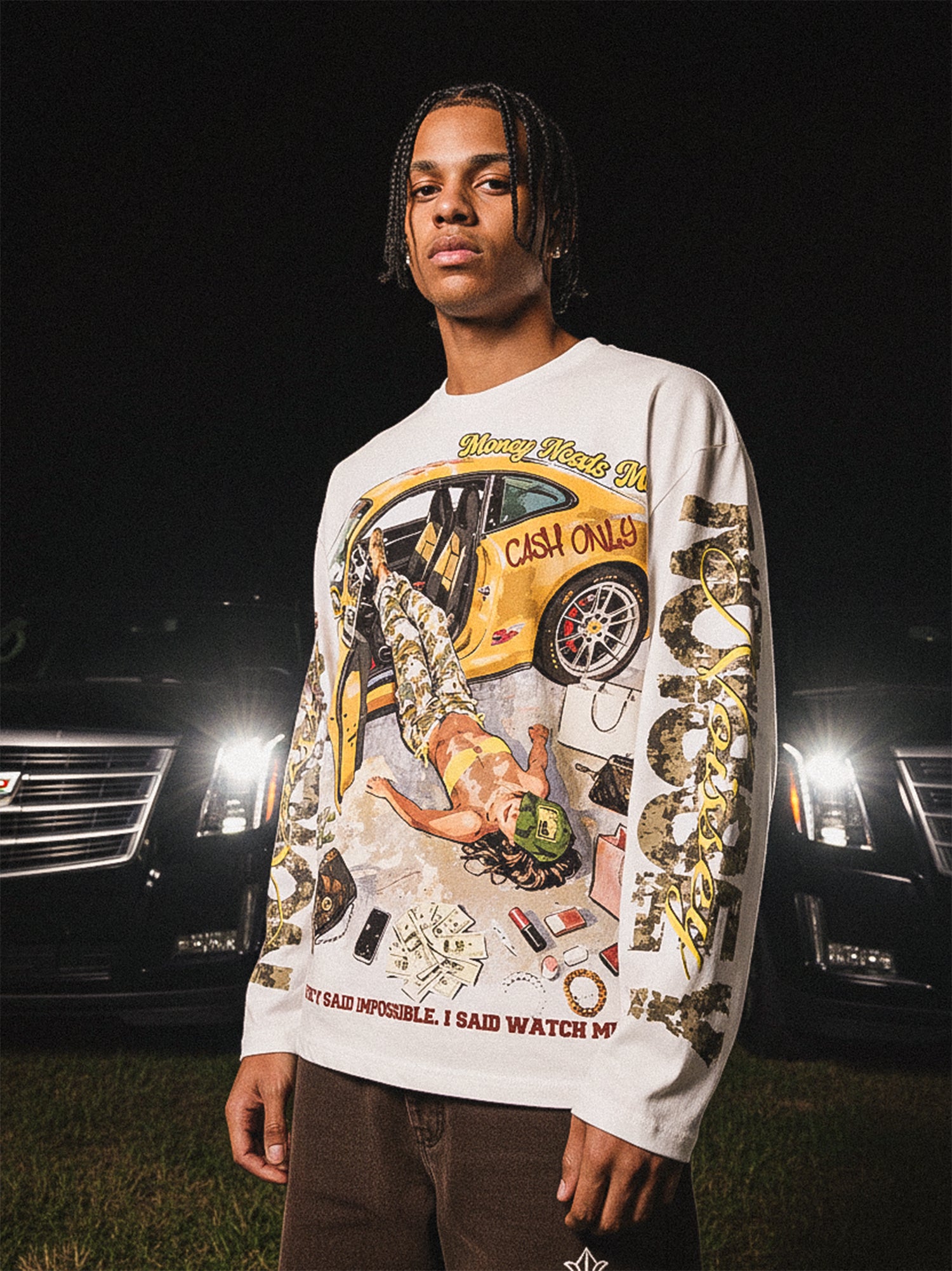 NOISSEY "Money Needs Me" Boxy Heavyweight Camo Art Long Sleeve - Cloud White