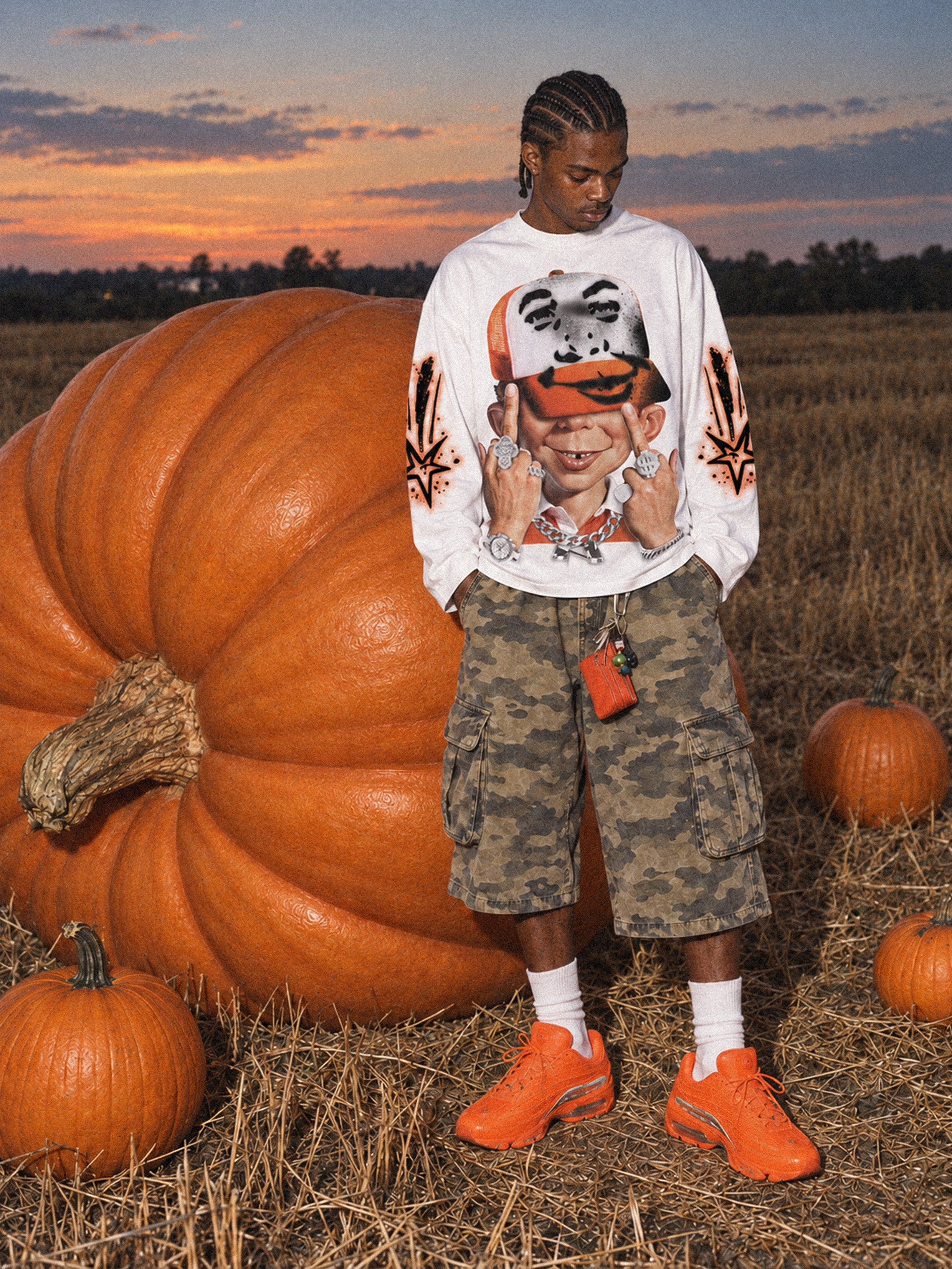 NOISSEY Orange Cartoon IP Graphic Heavyweight Long Sleeve Tee - Optic White Streetwear Shirt