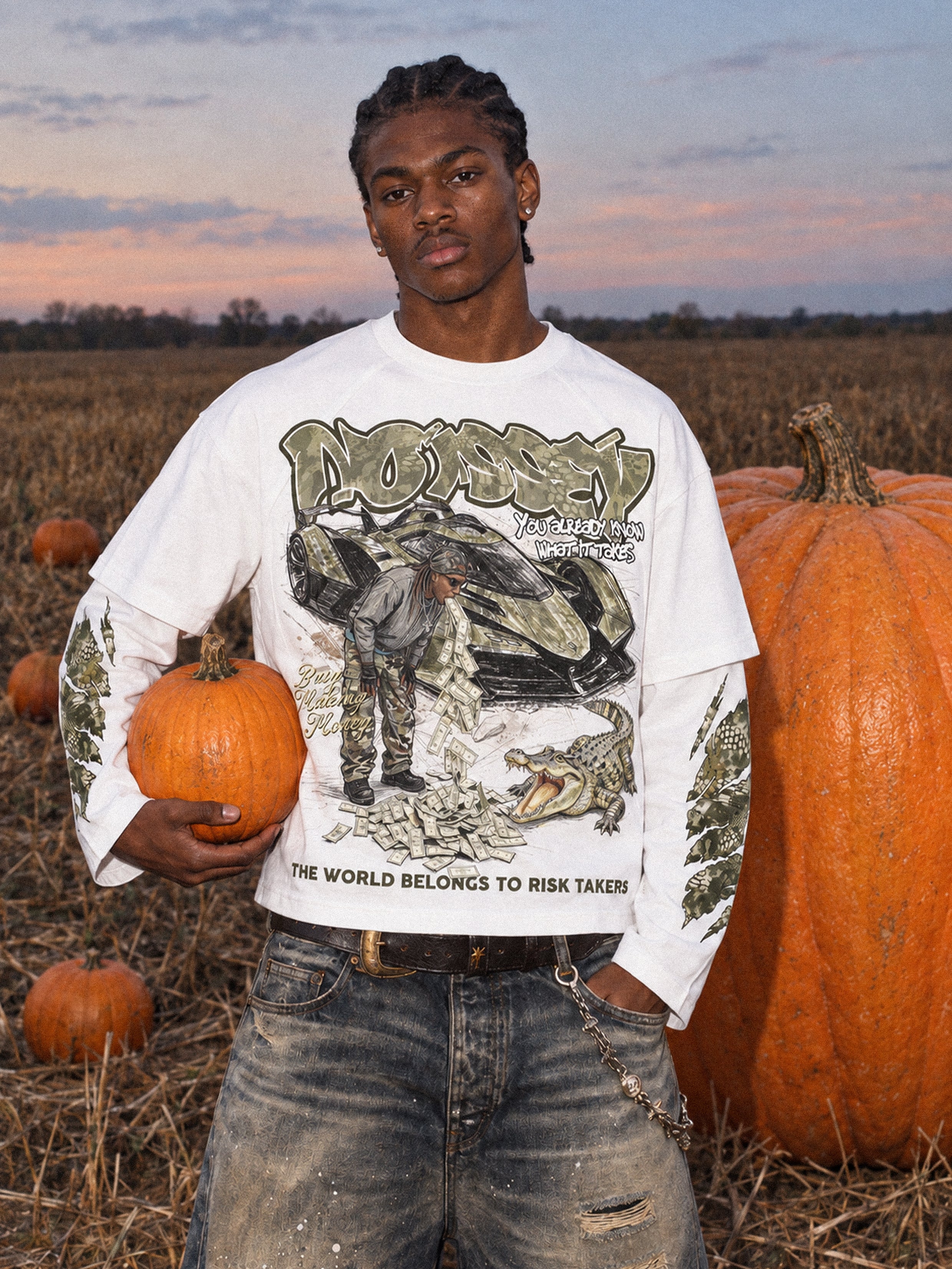 NOISSEY Camo Supercar Alligator Money Faux Layer Long Sleeves - White Streetwear