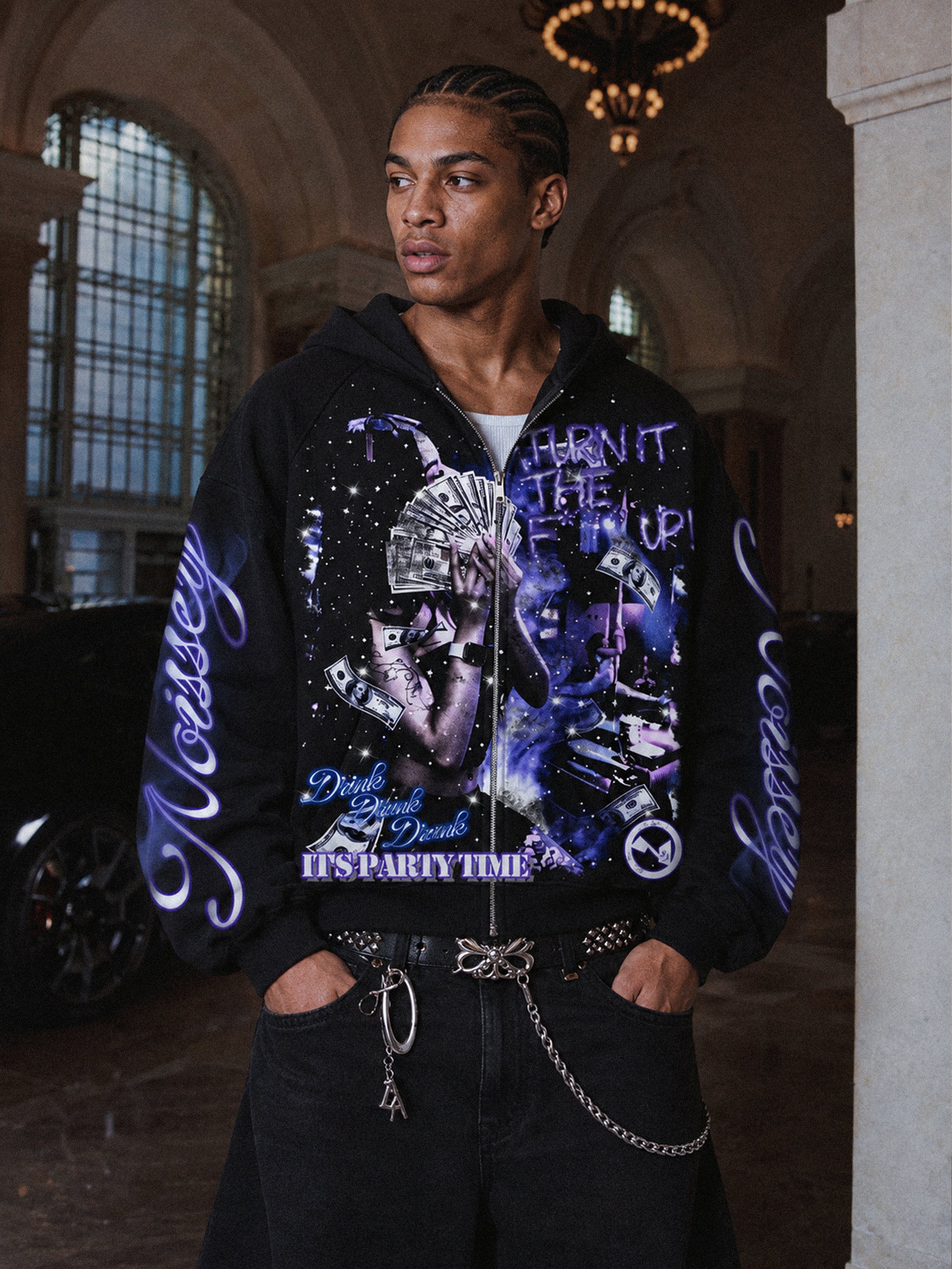 NOISSEY Money Party Neon Starlight Heavyweight Full-Zip Hoodie Black