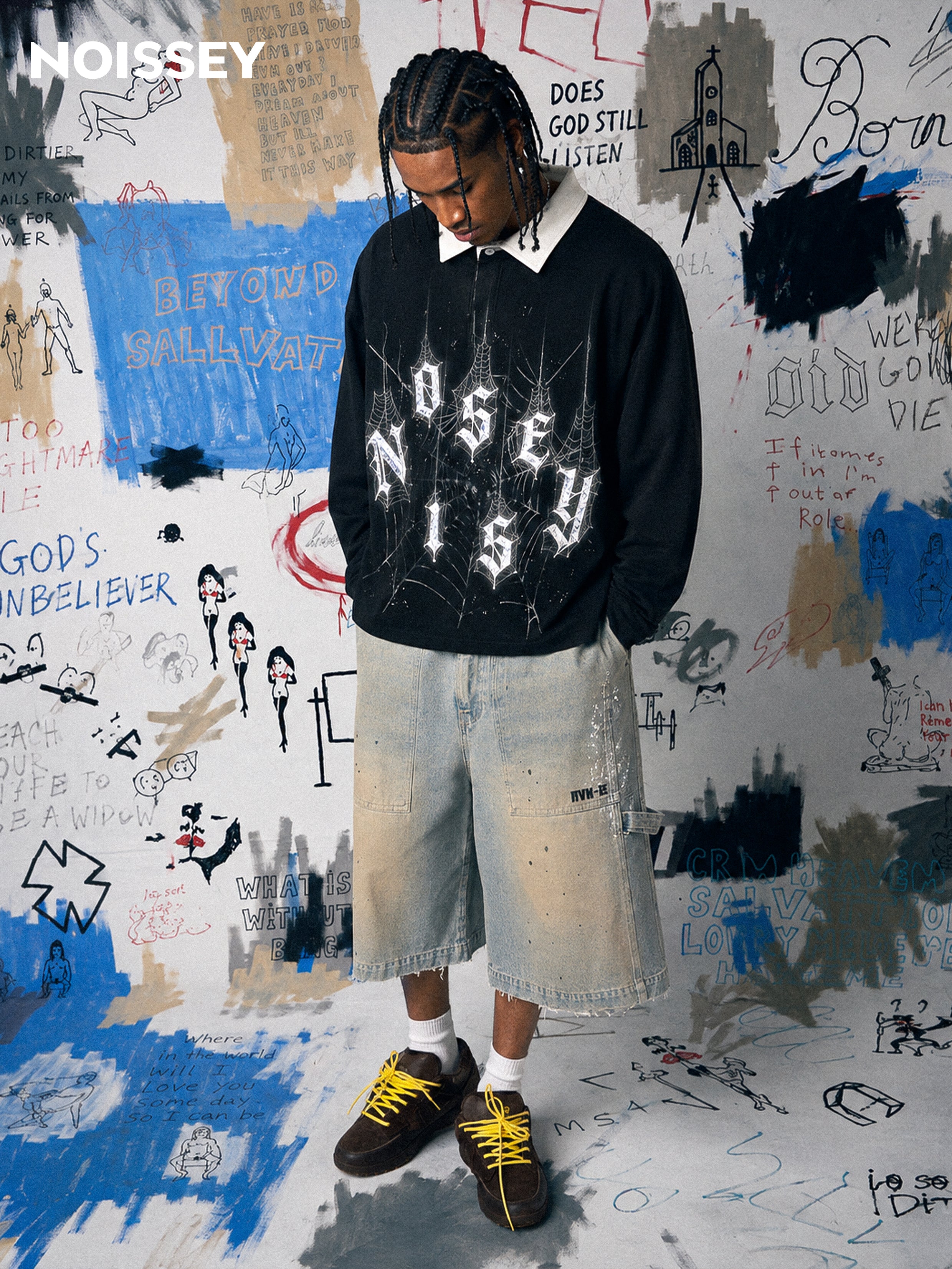 NOISSEY Diamond Spiderweb Graphic Long Sleeve Polo Sweatshirt - Pure Black