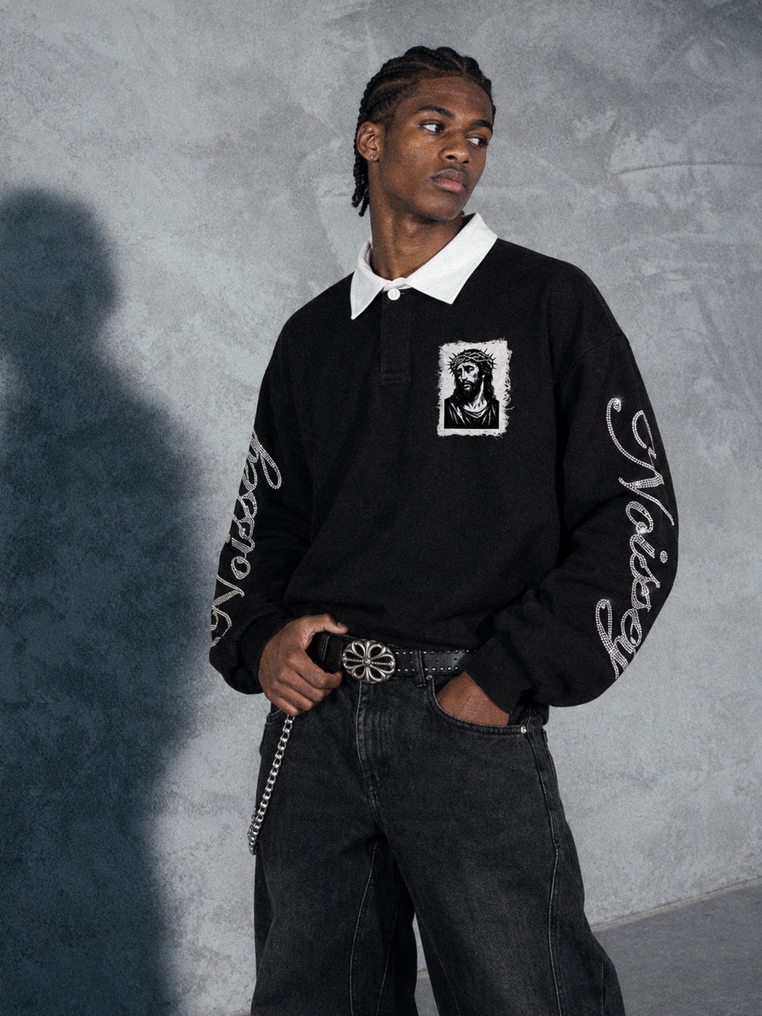 NOISSEY Rhinestone Sleeve & Crown of Thorns Jesus Contrast Collar Polo Long Sleeves - Black  Streetwear Shirt
