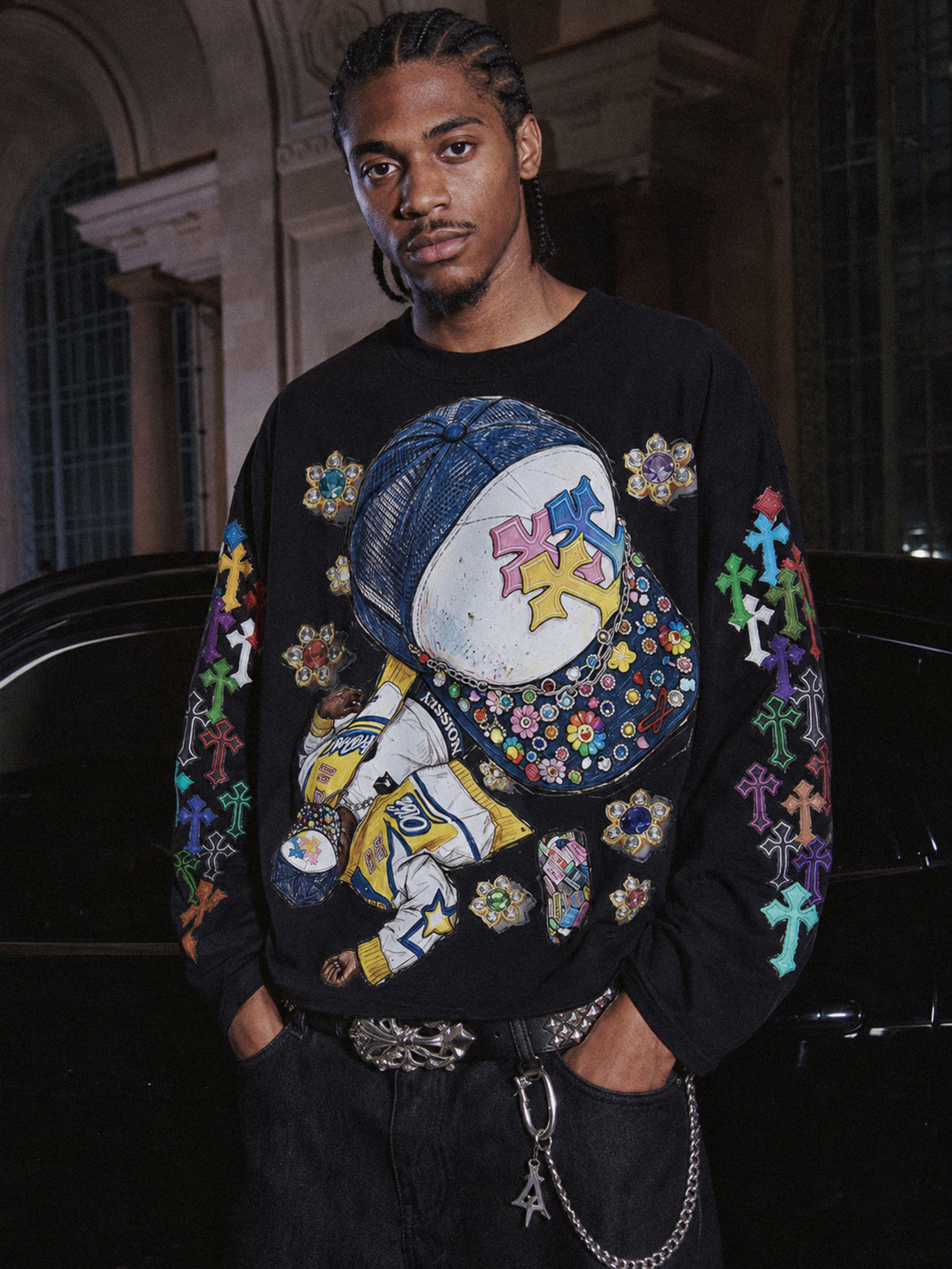NOISSEY Hip-Hop Trucker Hat & Gem Cross Graphic Long Sleeve  - Two Colors