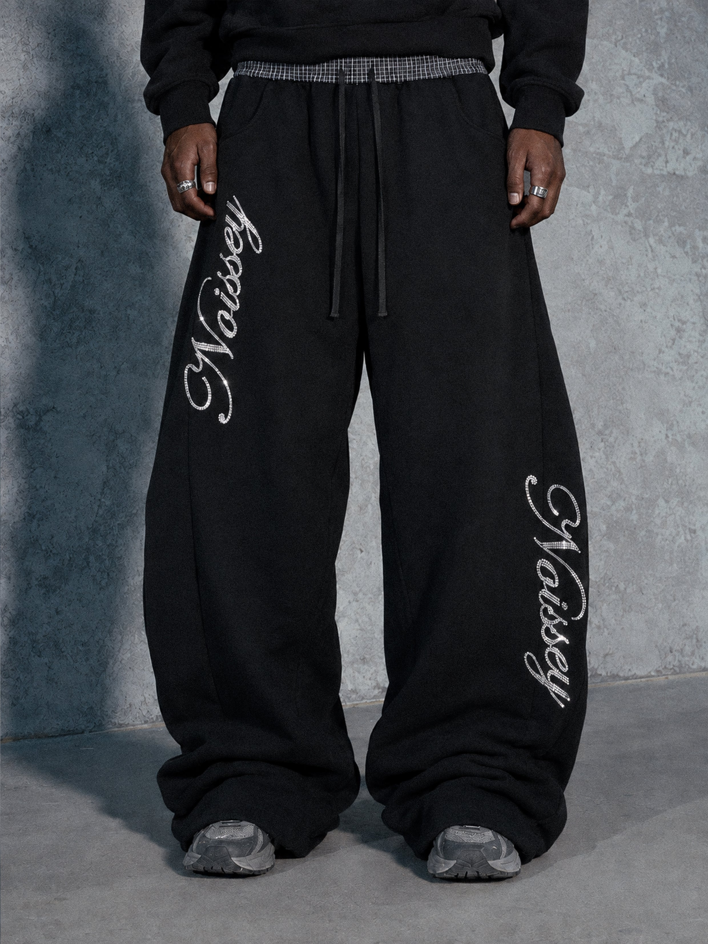 NOISSEY Plaid Waistband Layered Wide-Leg Sweatpants - Black Streetwear Track Pants