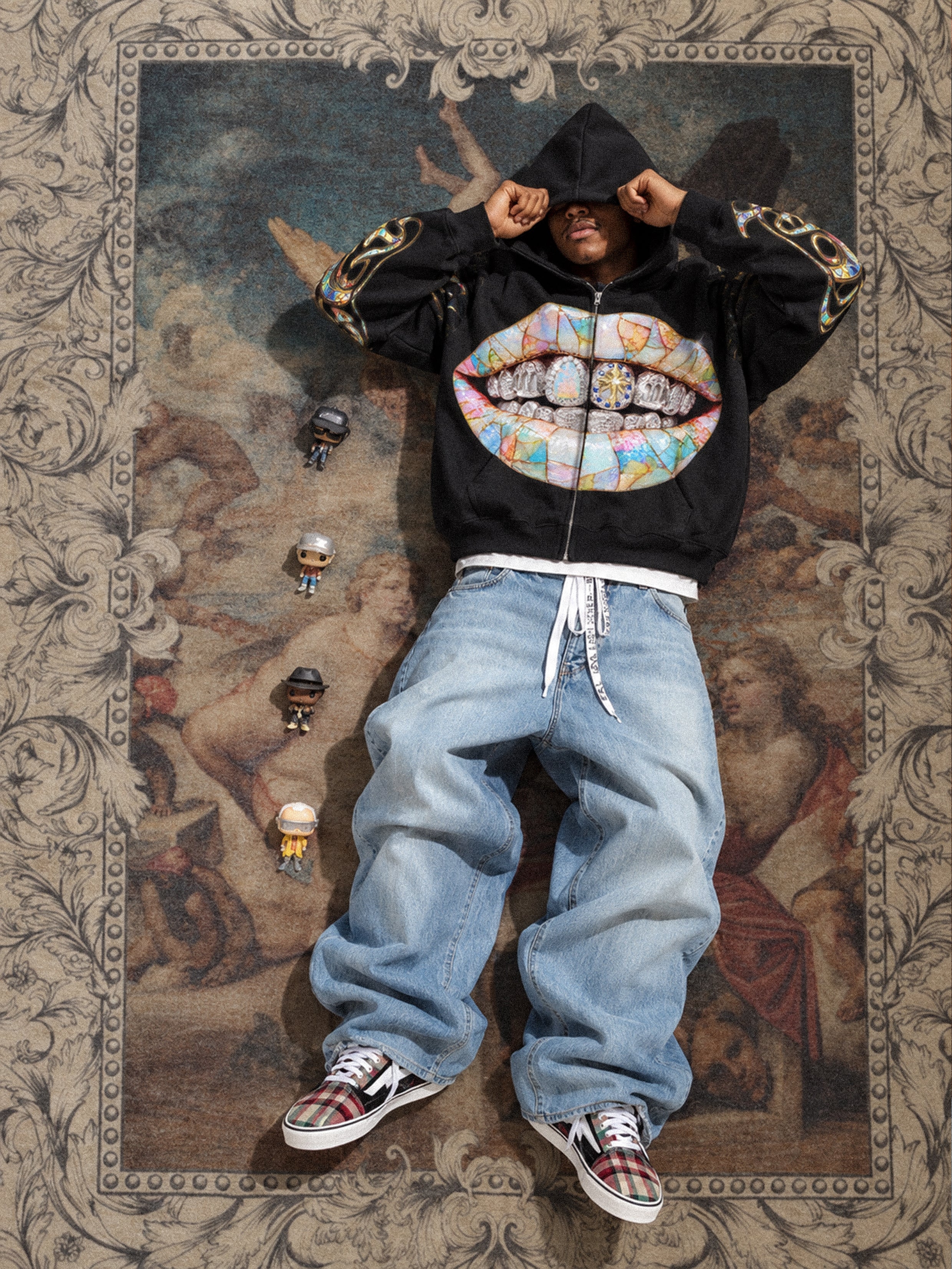 NOISSEY Stained Glass Lips & Diamond Grillz Cross Zip-Up Black Hoodie