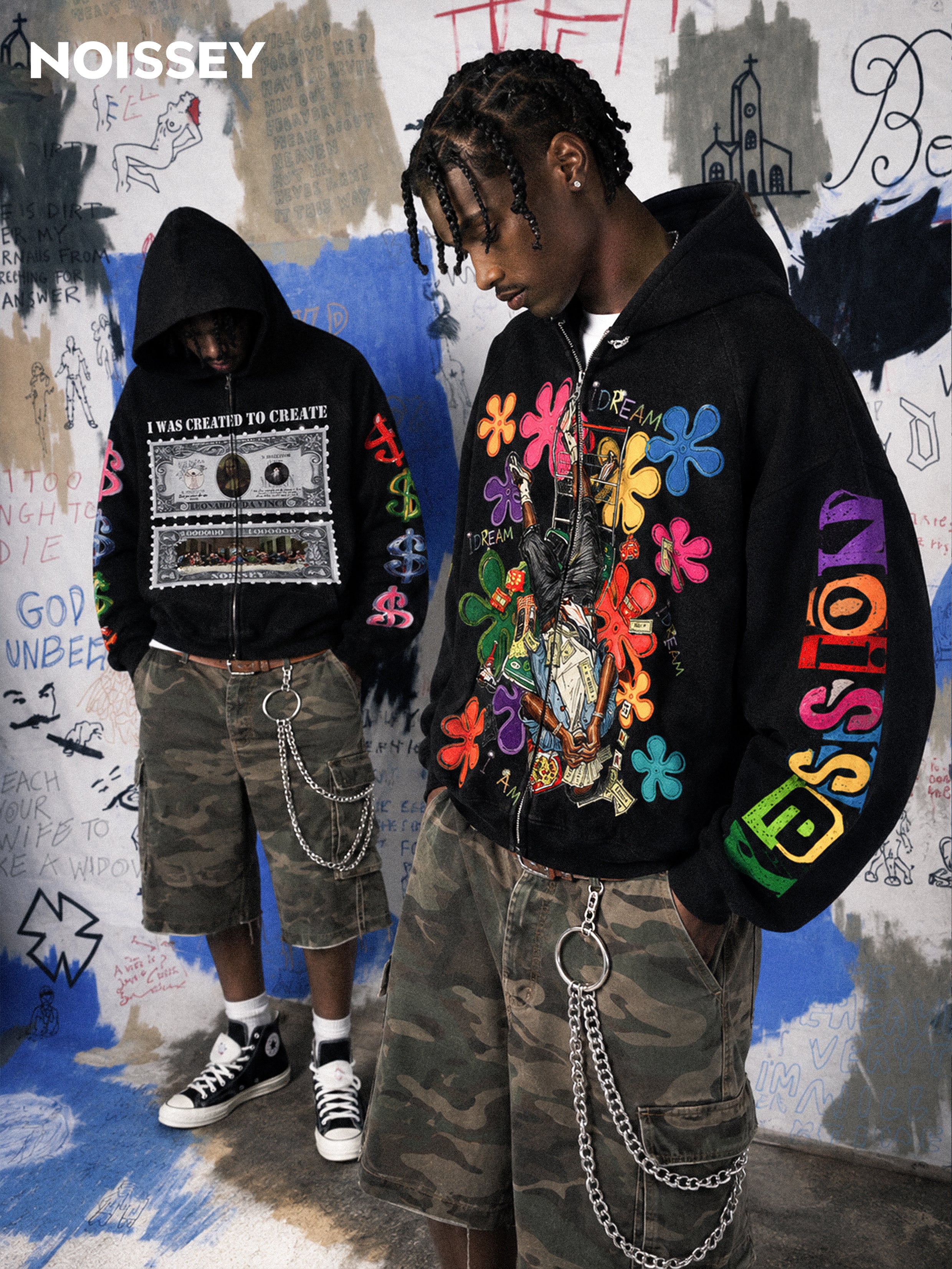 NOISSEY Da Vinci Masterpiece Dollar Stamp Art Full-Zip Hoodie - Jet Black