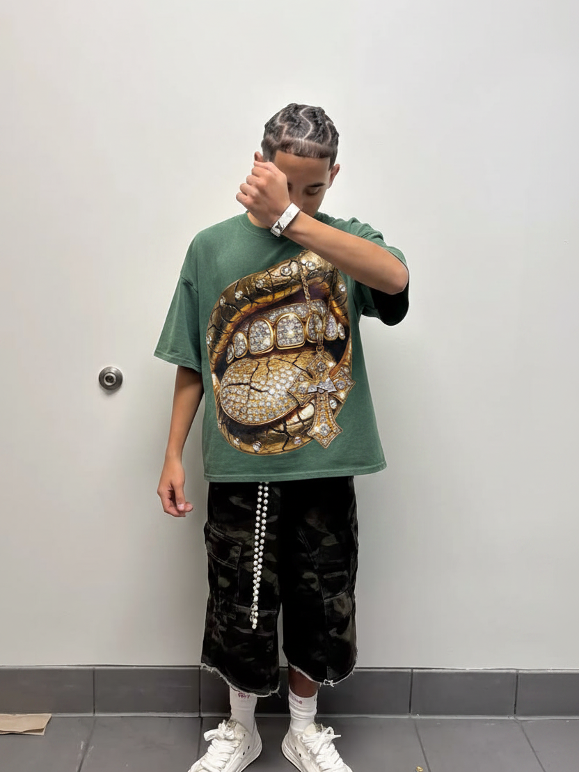 NOISSEY "Golden Cross" Washed Green Tee - Boxy Lip Print T-Shirt