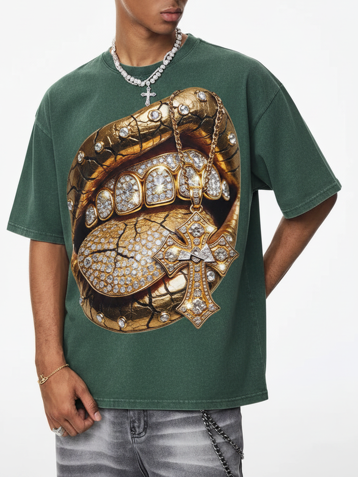 NOISSEY "Golden Cross" Washed Green Tee - Boxy Lip Print T-Shirt
