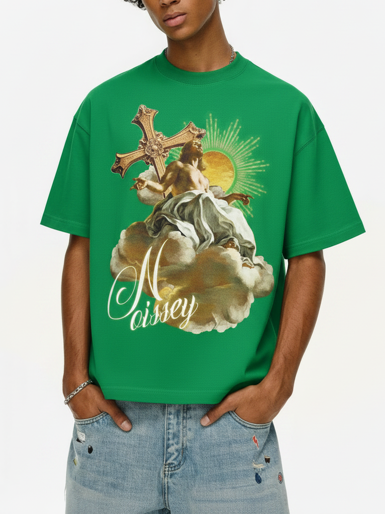 NOISSEY "Heavenly Light" Green Tee - Boxy Religion Graphic T-Shirt