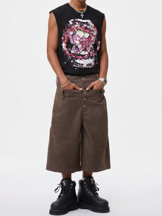 NOISSEY "Pink Butterfly" Black Vest - Boxy Lip Diamond Tank
