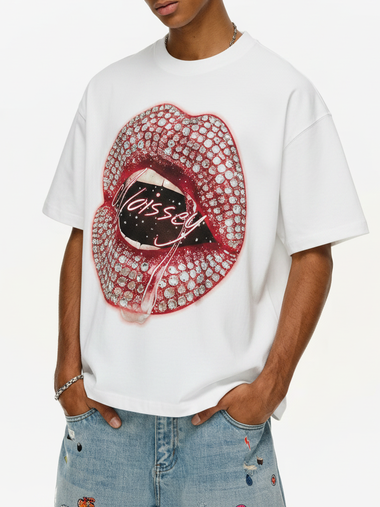 NOISSEY "Pink Paved Lips" Rhinestone Boxy DIY Tee - Premium White