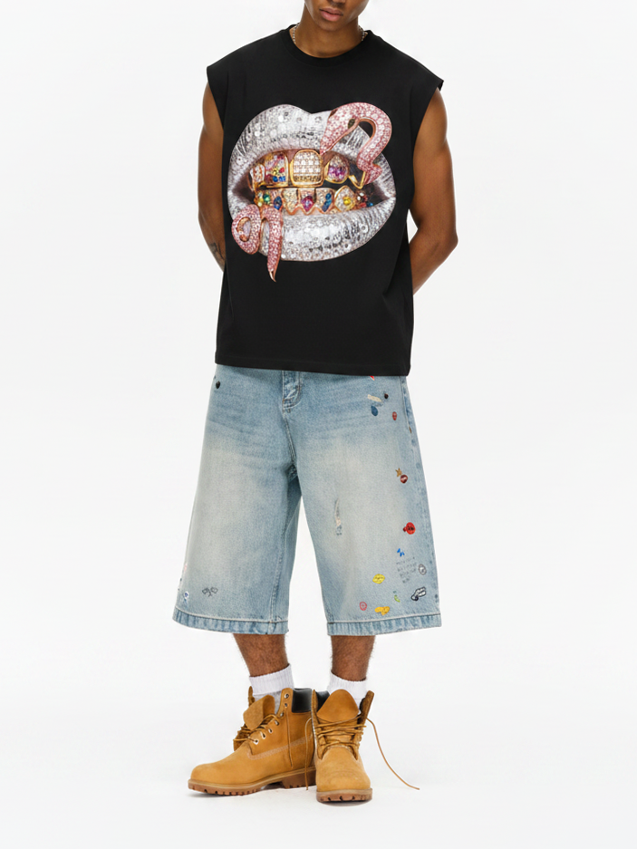 NOISSEY "Pink Snake Lips" Graphic Tank Top - Heavyweight Oversize Black