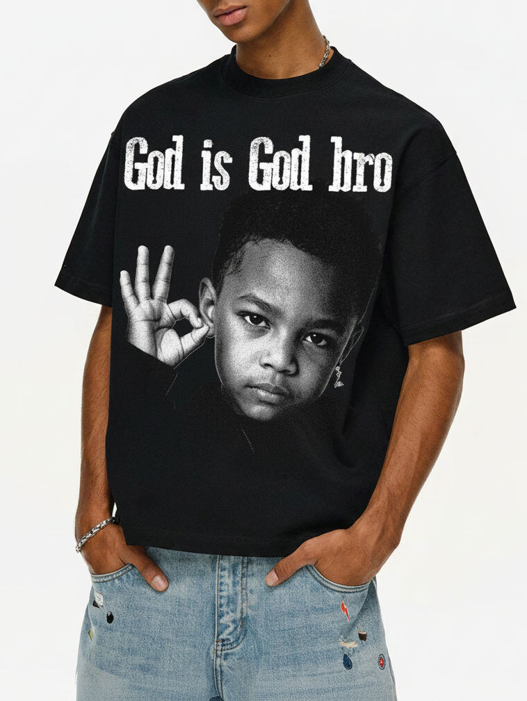 NOISSEY "God Is God Bro" Black Boxy Tee - Vintage Graphic