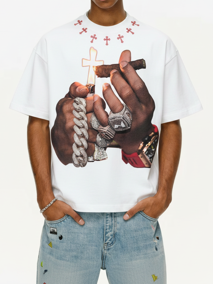NOISSEY "Cuban Link Cigar" White Tee - Boxy Diamond T-Shirt