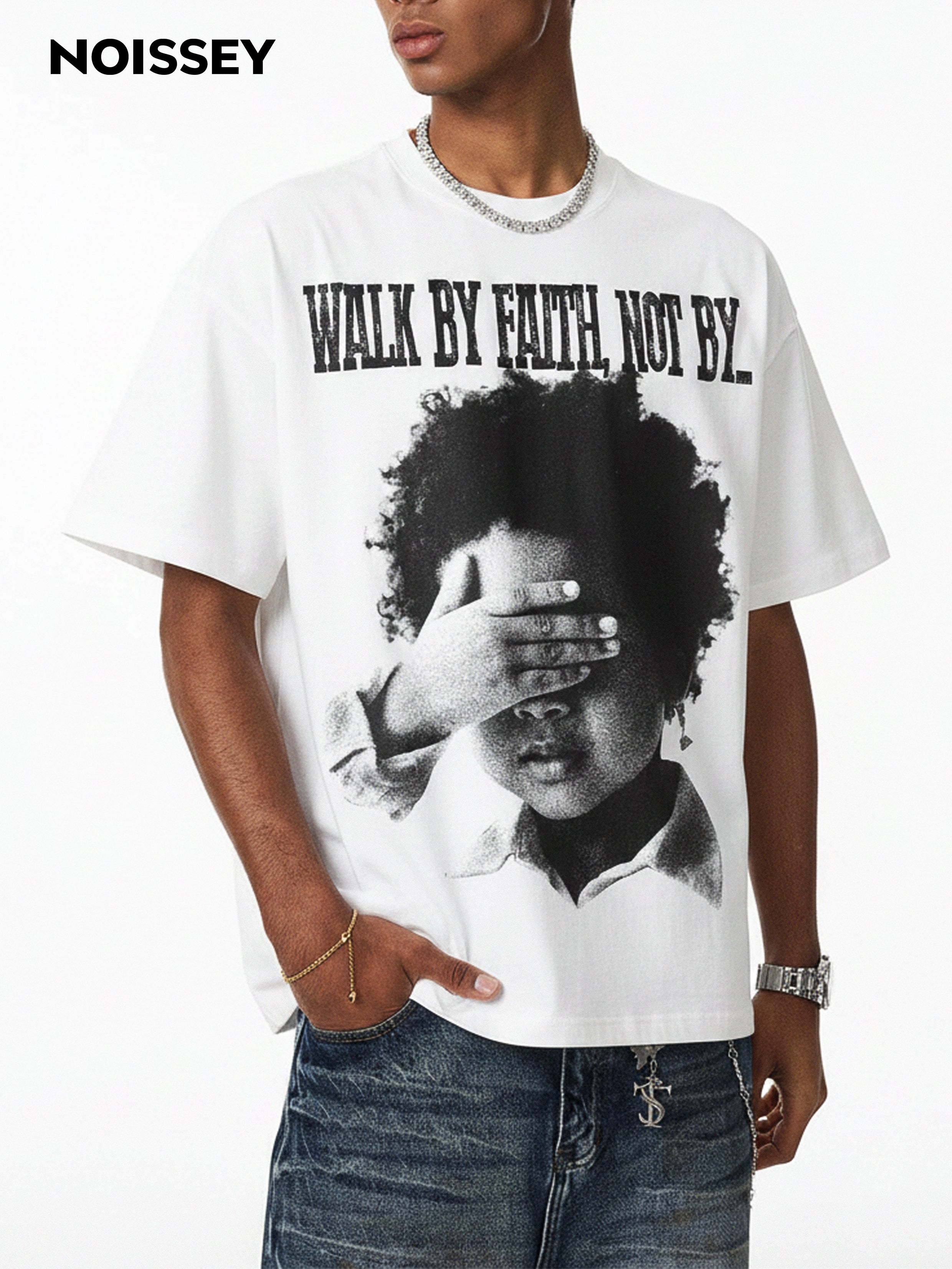 NOISSEY "Walk By Faith" Boxy Heavyweight Vintage Portrait Tee - Cloud White