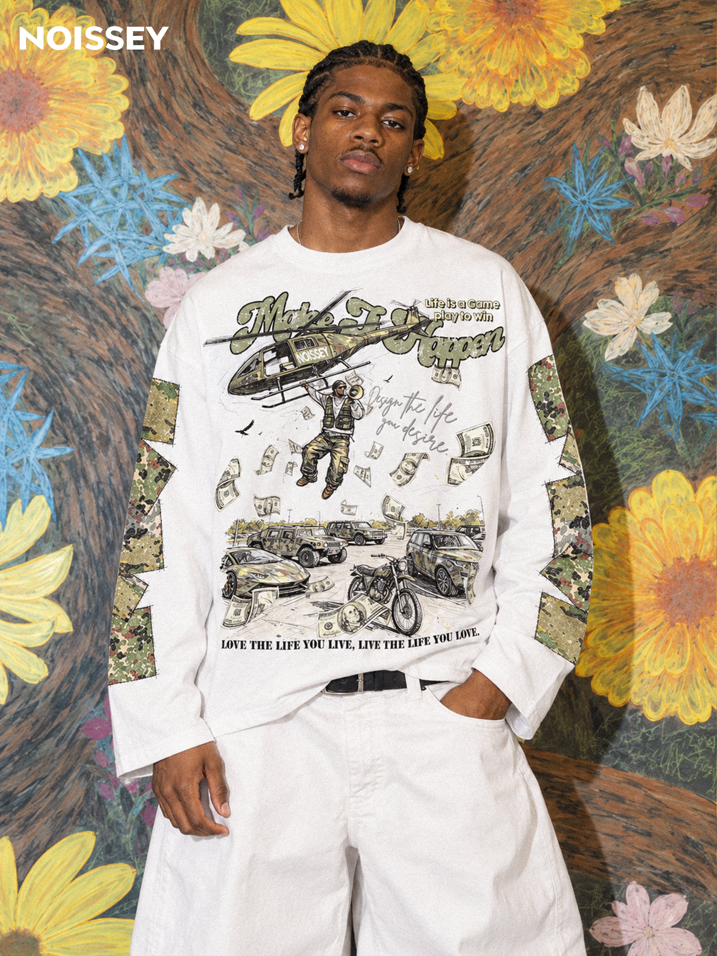 NOISSEY Make It Happen Military Helicopter Camo Heavyweight Cotton Blend Long Sleeve
