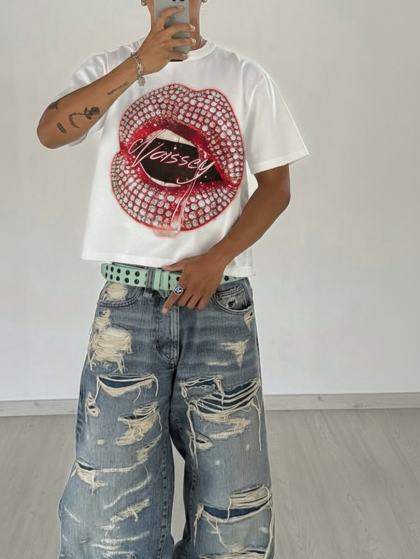 NOISSEY "Pink Paved Lips" Rhinestone Boxy DIY Tee - Premium White