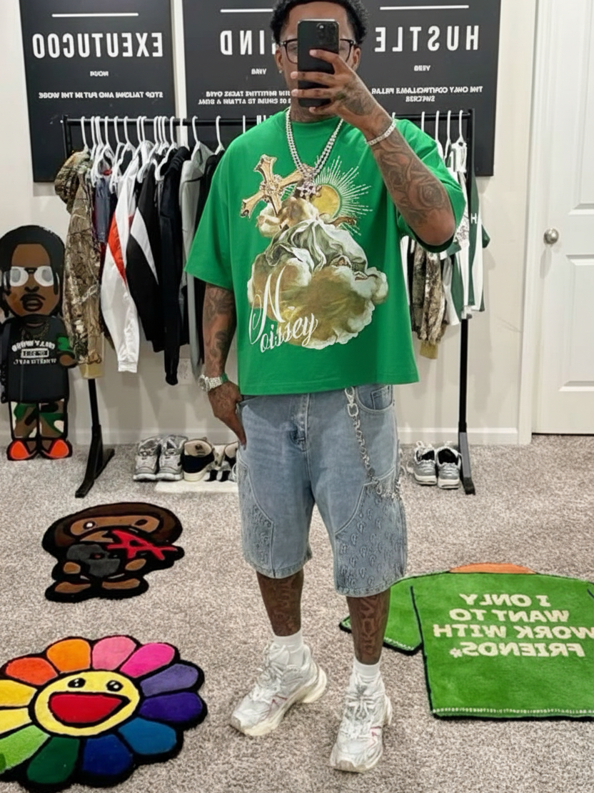 NOISSEY "Heavenly Light" Green Tee - Boxy Religion Graphic T-Shirt