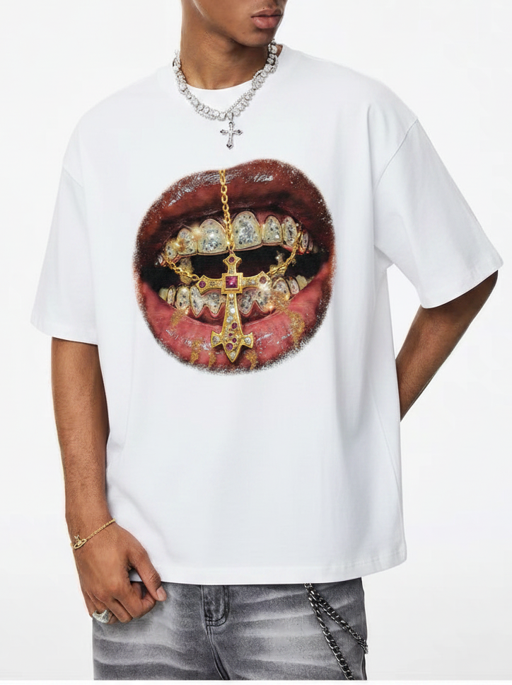 NOISSEY "Golden Cross Grills" Tee - Clean White 255G Heavyweight Boxy Oversized Luxury Streetwear T-Shirt