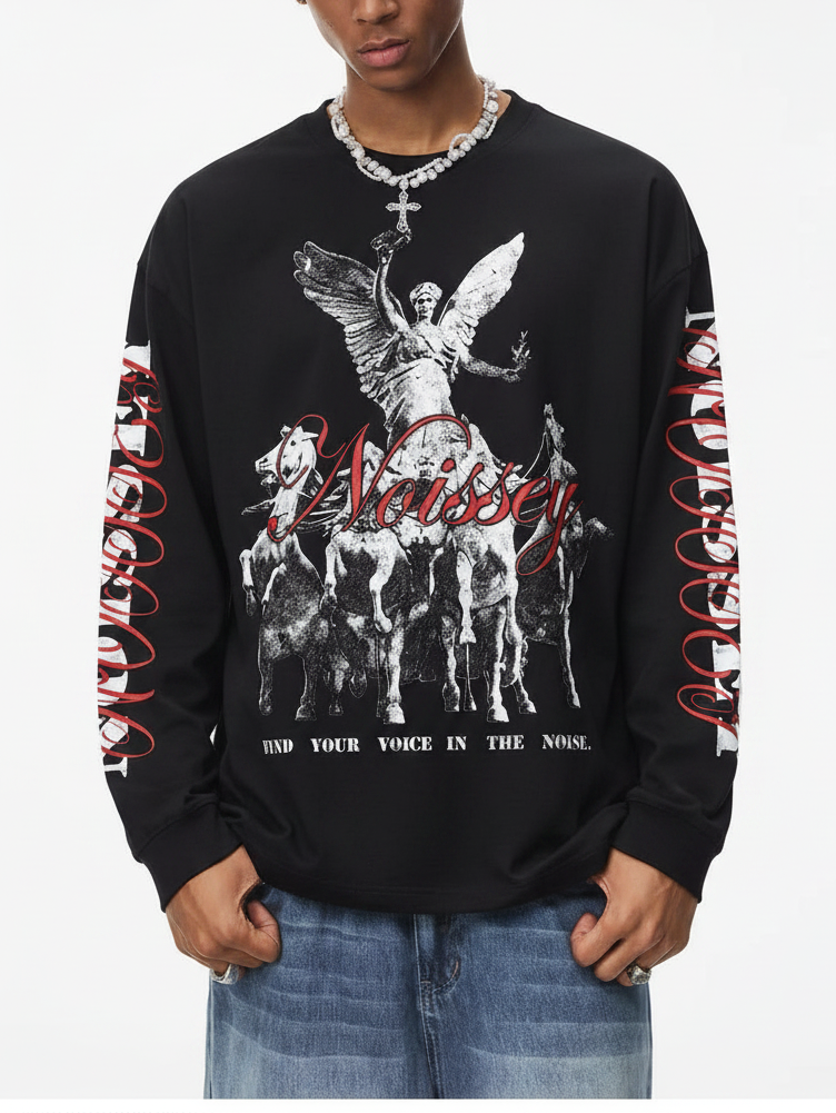 NOISSEY Distressed Victory Goddess Chariot Long Sleeve Shirt - Black