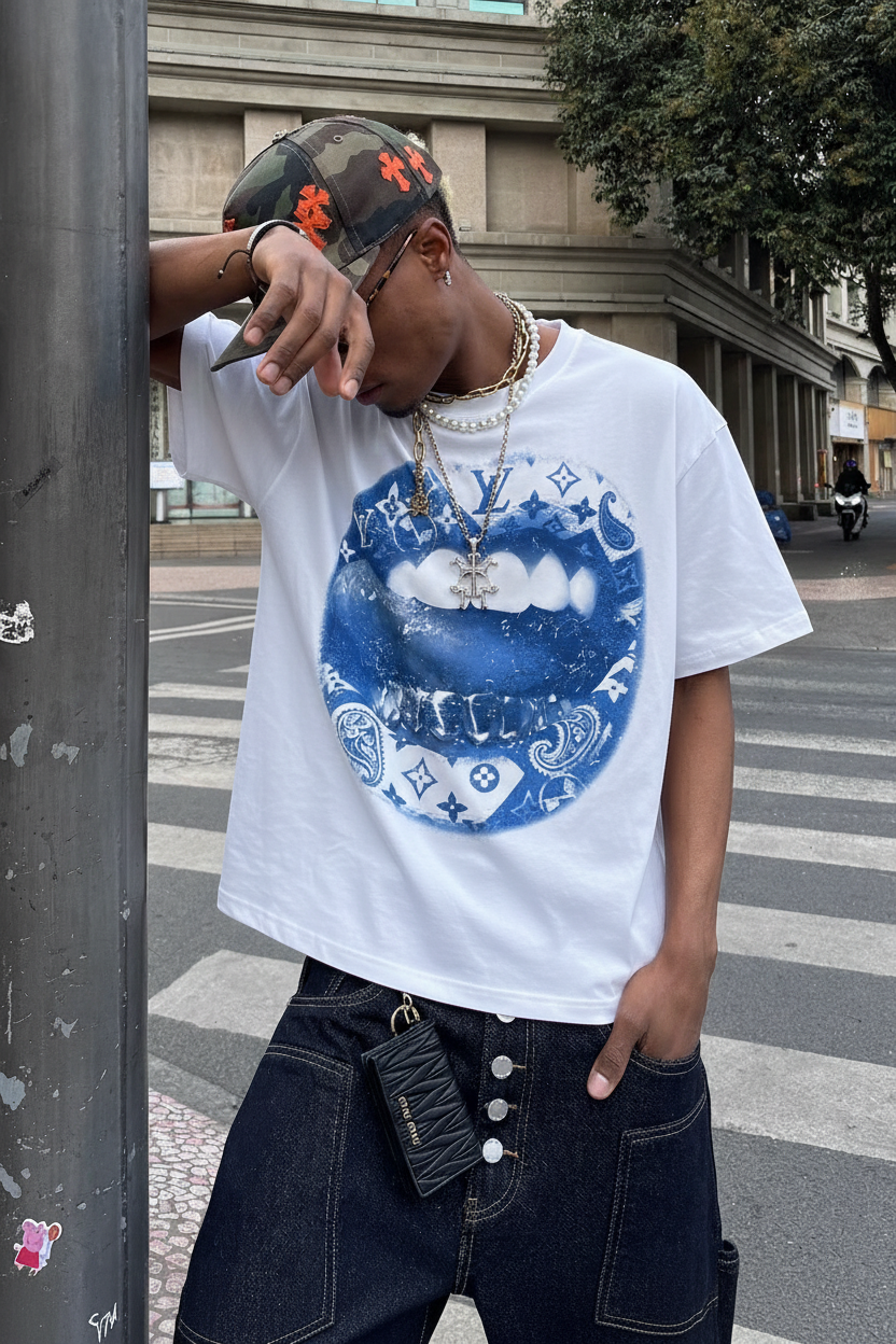 NOISSEY Blue Paisley Lip Hustle Tee 模特图 1