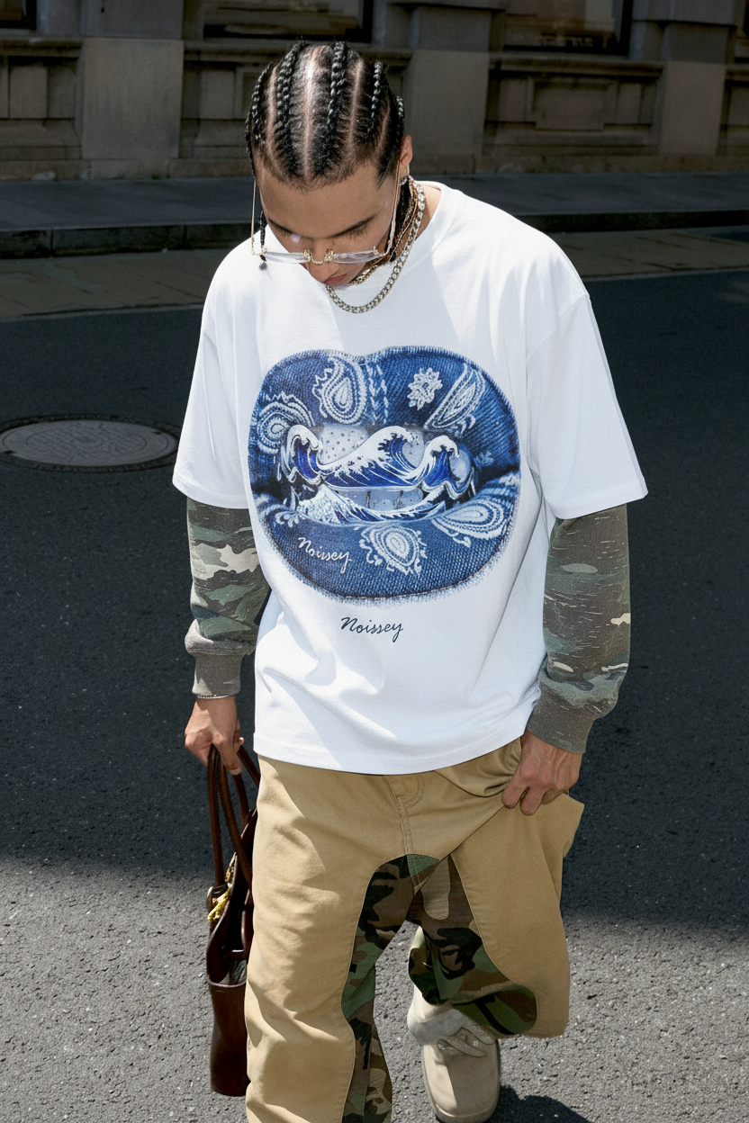 Denim Blue Ukiyo-e Grillz T-Shirt | Art Streetwear Graphic