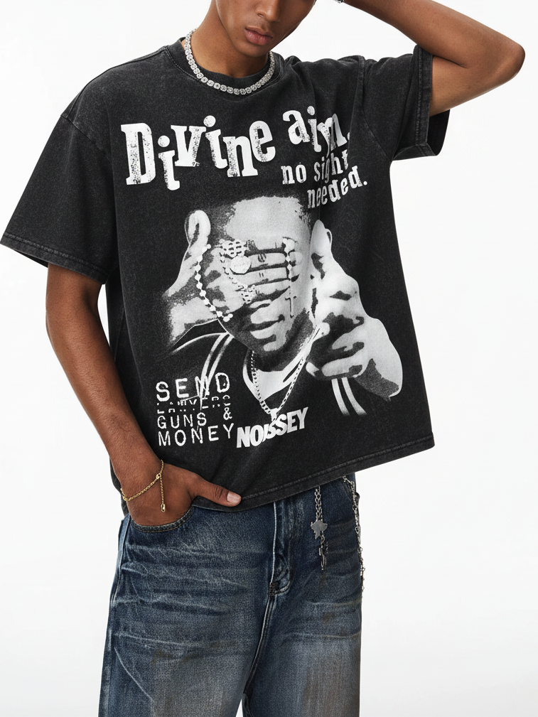 NOISSEY "Divine Aim" Washed Black Tee - Vintage Graphic