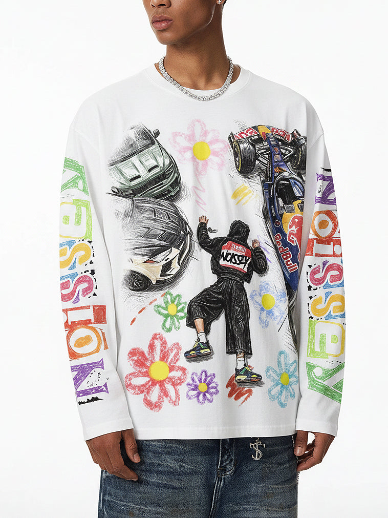 NOISSEY Falling Stars Motorsport Graffiti Art Long Sleeve Tee - White