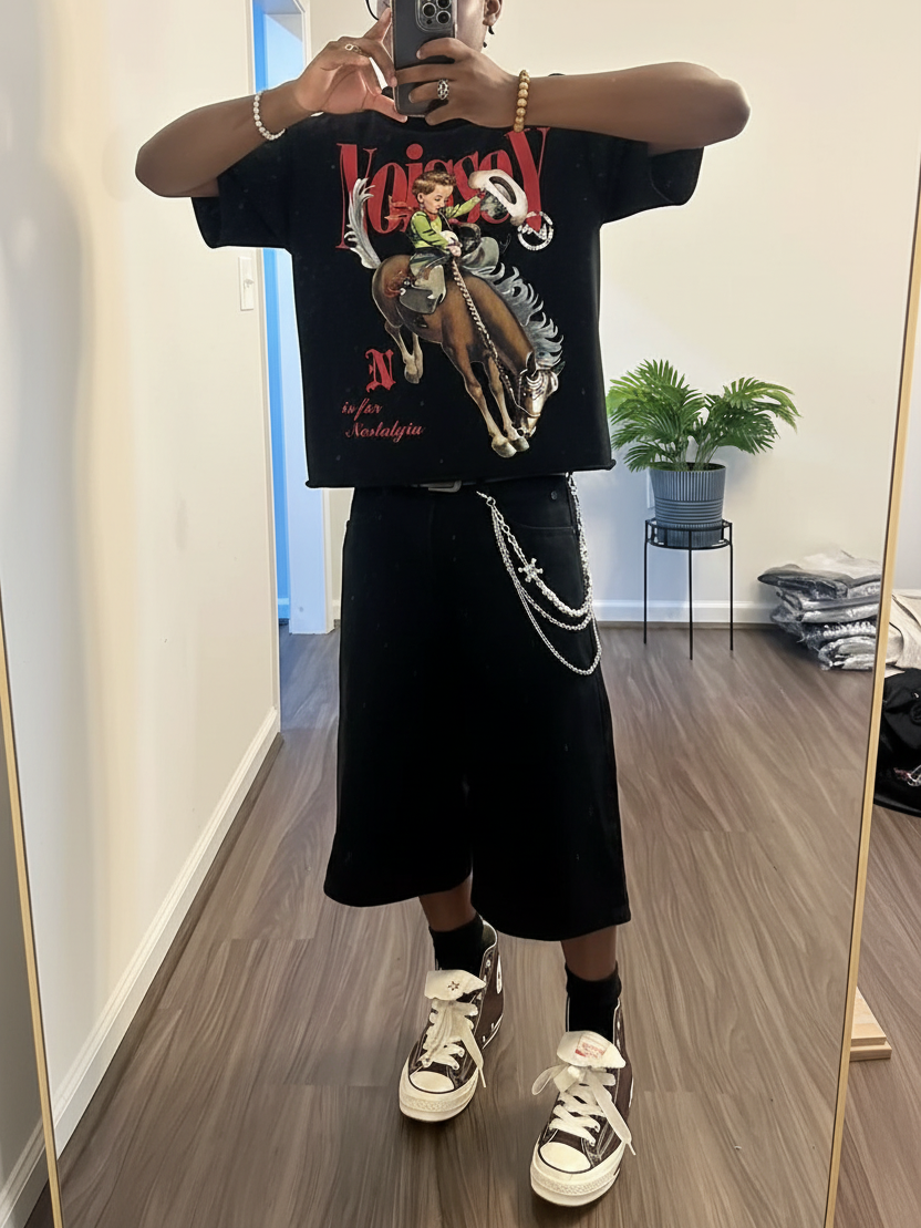 NOISSEY "Cowboy Vintage" Nostalgic Illustration Tee - Black 255G Heavyweight Boxy Oversized Fit