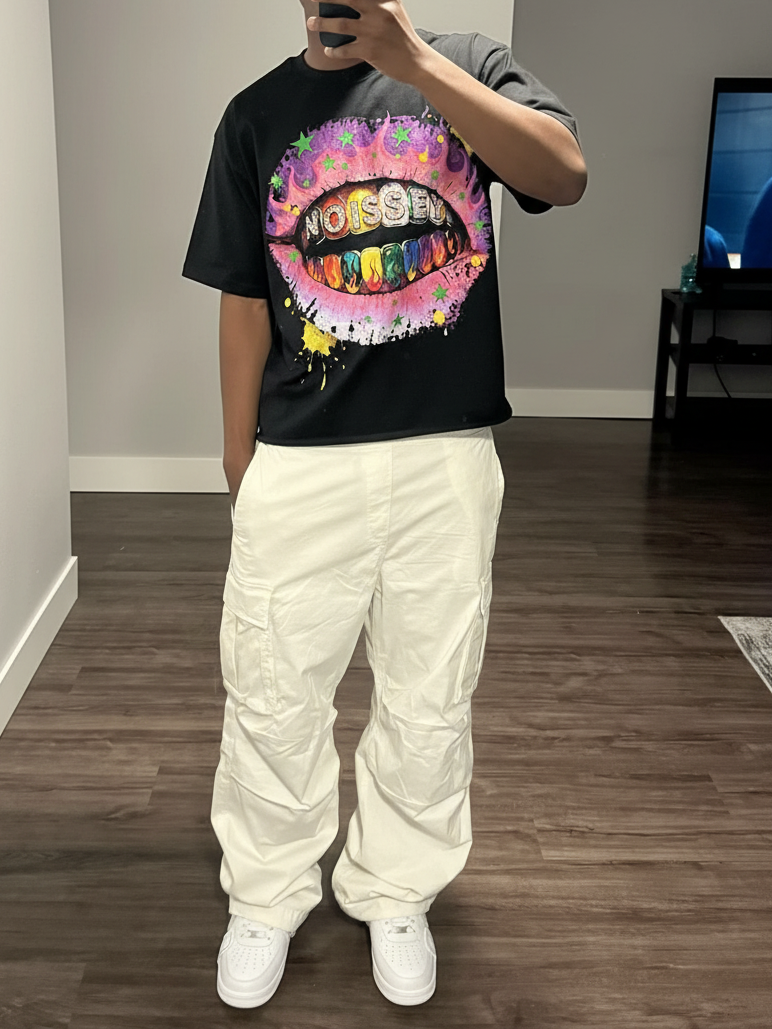 NOISSEY "Rainbow Flame Lips" Tee - Jet Black Boxy Street Graffiti T-Shirt