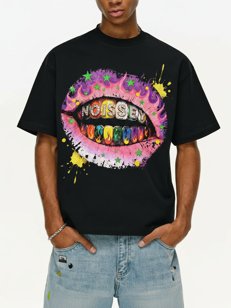 NOISSEY "Rainbow Flame Lips" Tee - Jet Black Boxy Street Graffiti T-Shirt