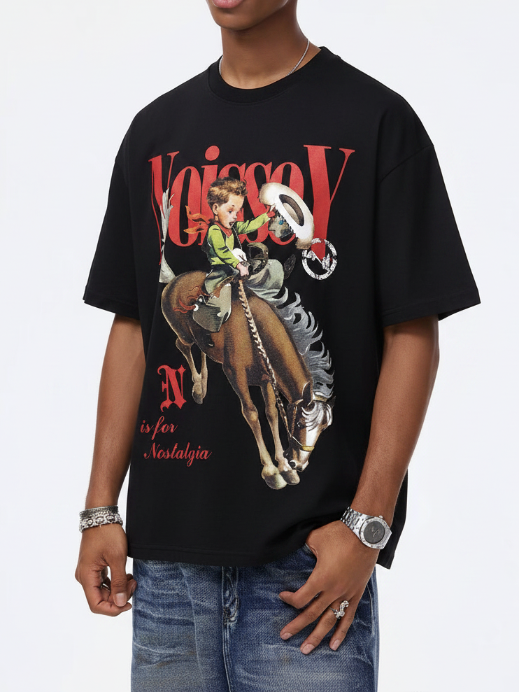 NOISSEY "Cowboy Vintage" Nostalgic Illustration Tee - Black 255G Heavyweight Boxy Oversized Fit